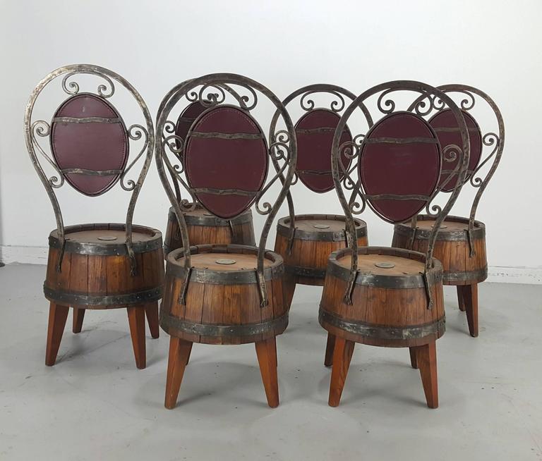 Unusual Set of Six Whiskey Barrel and Hammered Iron Pub Chairs For Sale