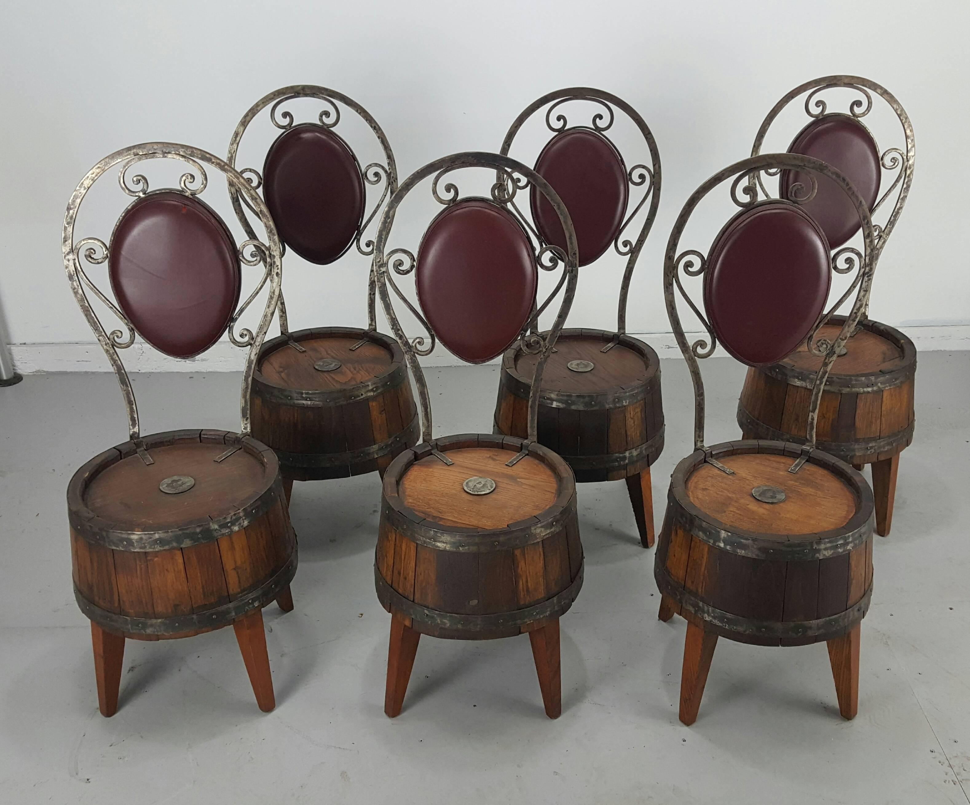 Unusual Set of Six Whiskey Barrel and Hammered Iron Pub Chairs For Sale 2