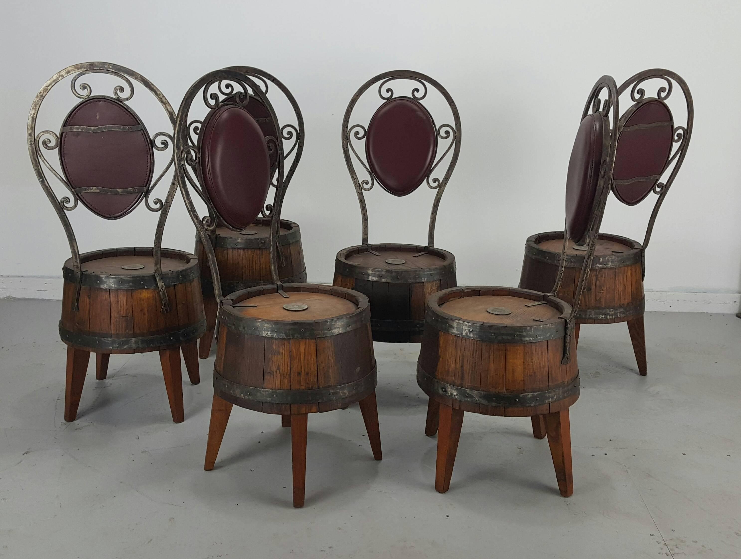 Mid-Century Modern Unusual Set of Six Whiskey Barrel and Hammered Iron Pub Chairs For Sale