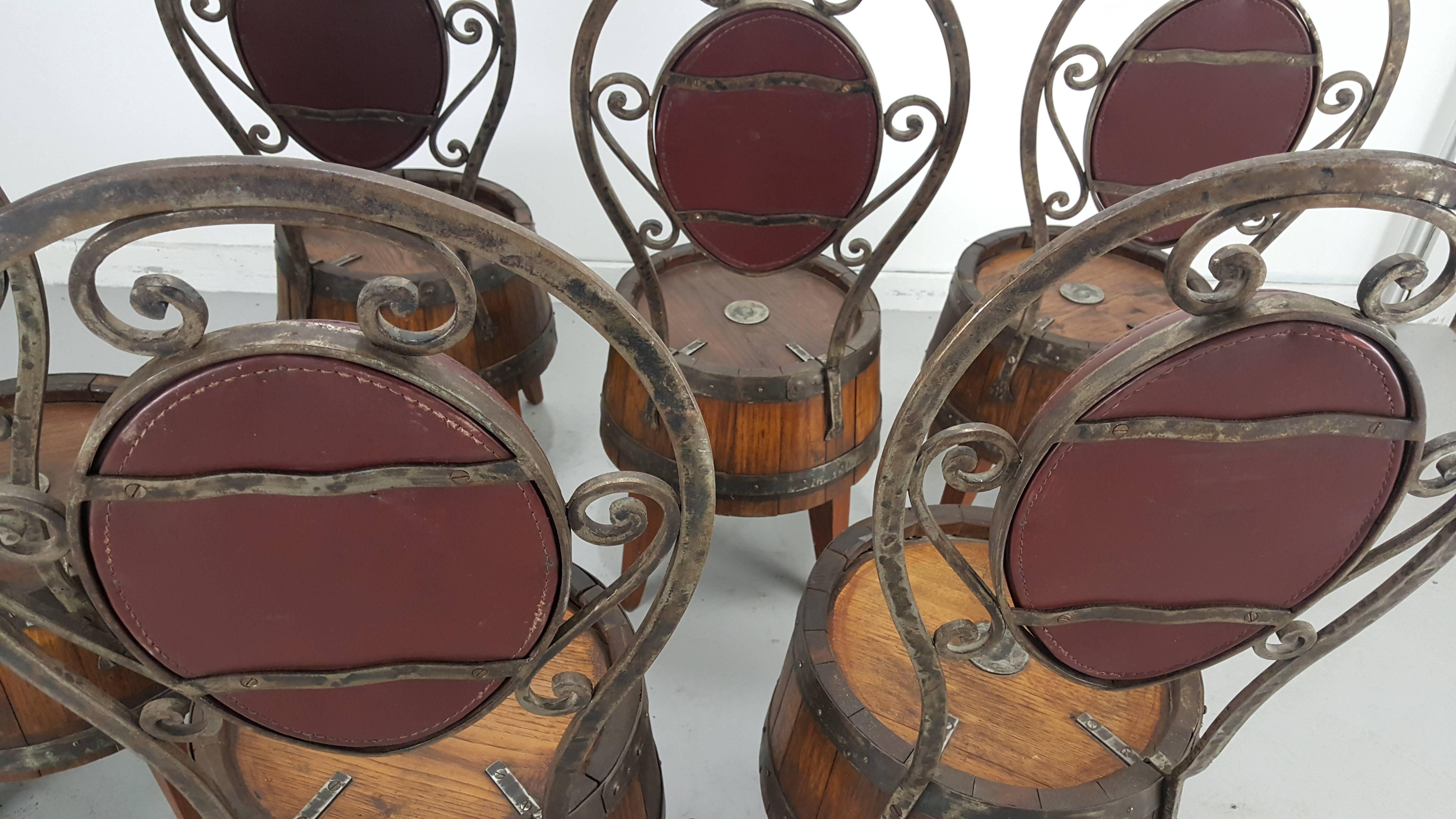 Unusual Set of Six Whiskey Barrel and Hammered Iron Pub Chairs For Sale 1