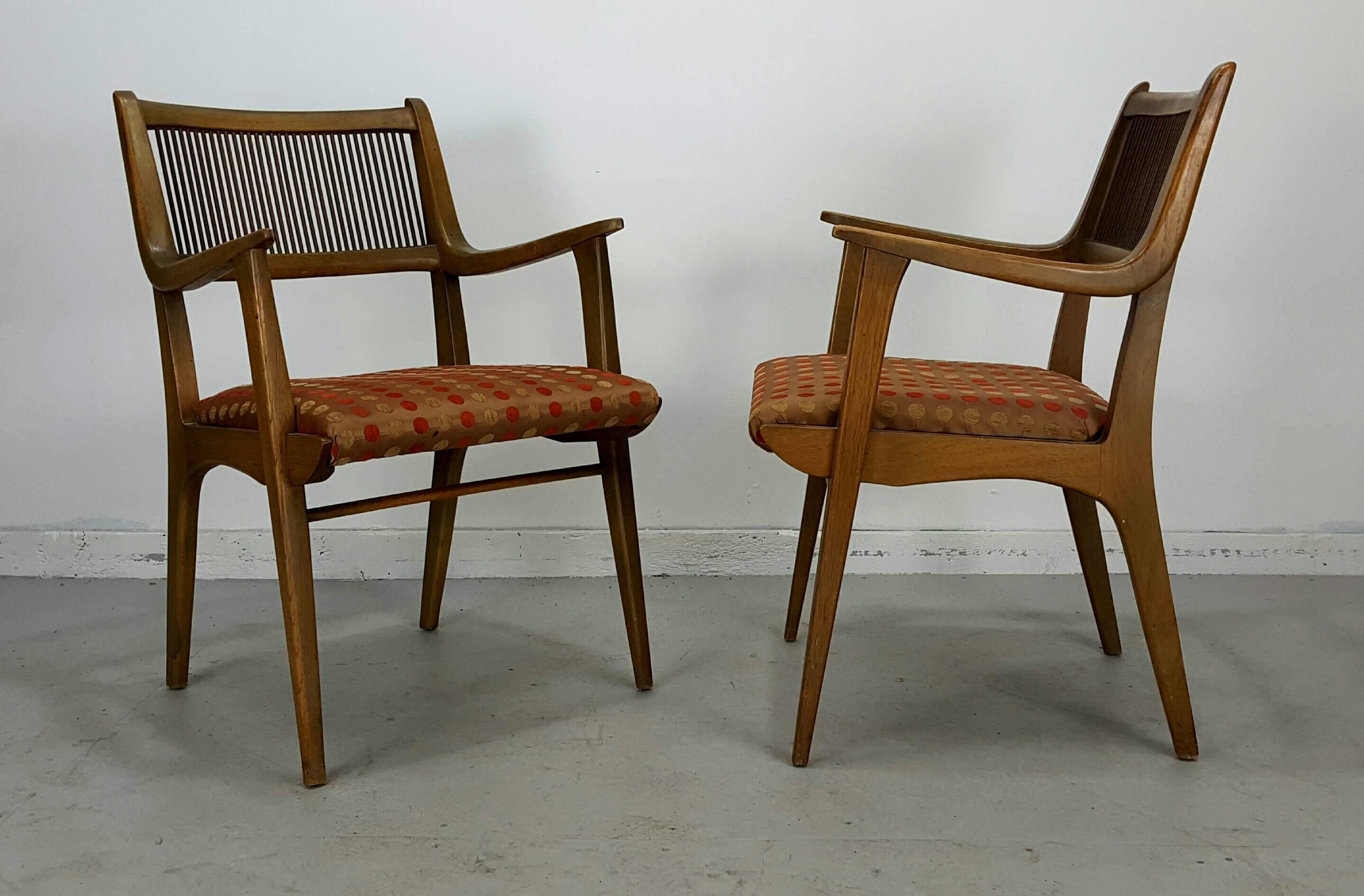 Set of eight Modernist dining chairs designed by John Van Koert for Drexel's profile. Set includes six side chairs and two armchairs, Classic Mid-Century Modern design, Retains original fabric under newly upholstered contemporary fabric.