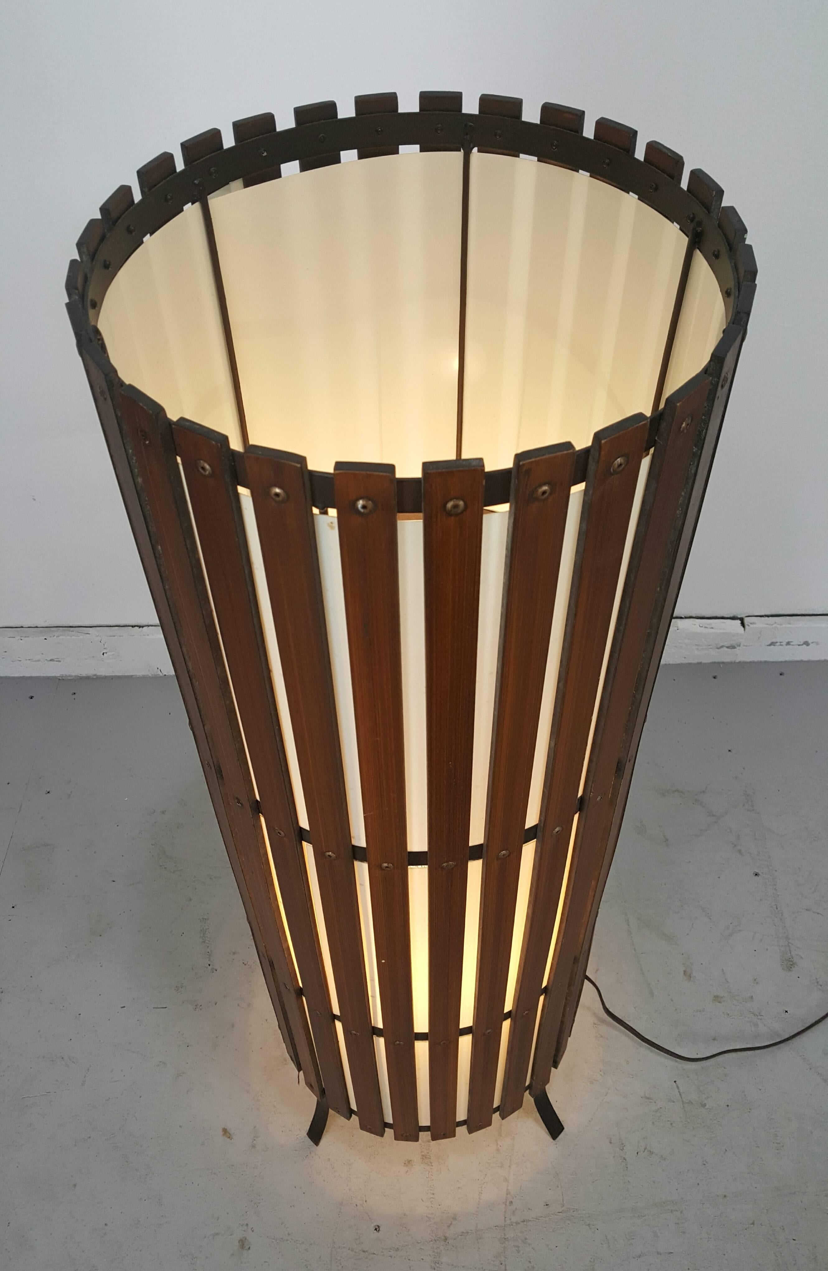 Mid-Century Modern Contemporary  Modernist Walnut Slat Wood Cylinder Floor Lamp