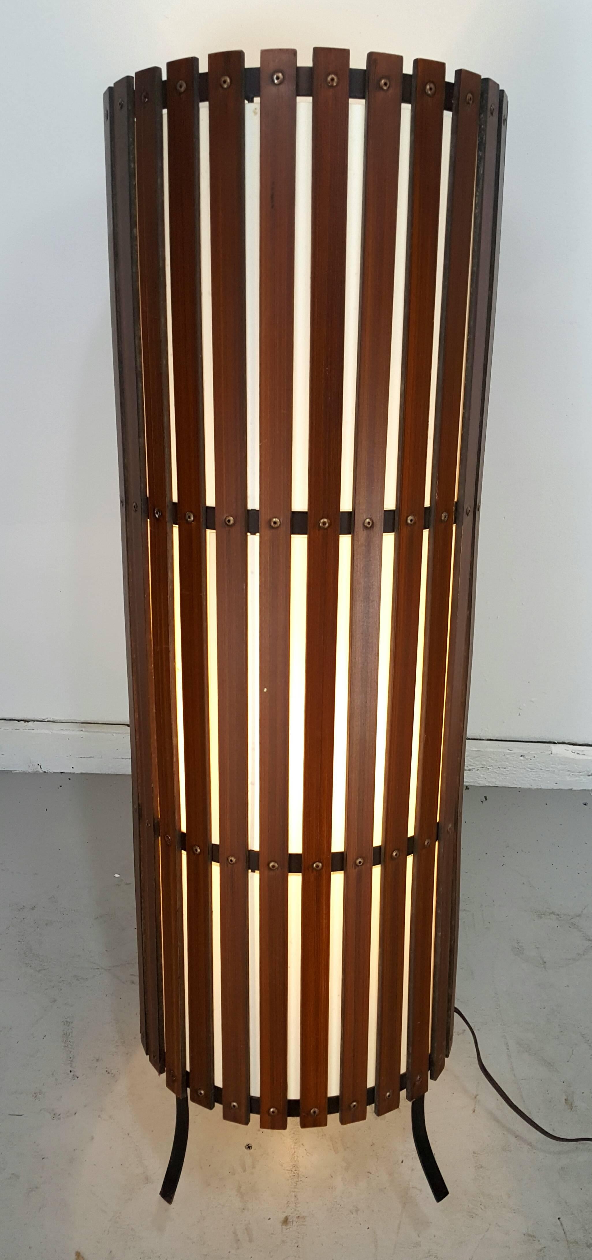 Philippine Contemporary  Modernist Walnut Slat Wood Cylinder Floor Lamp