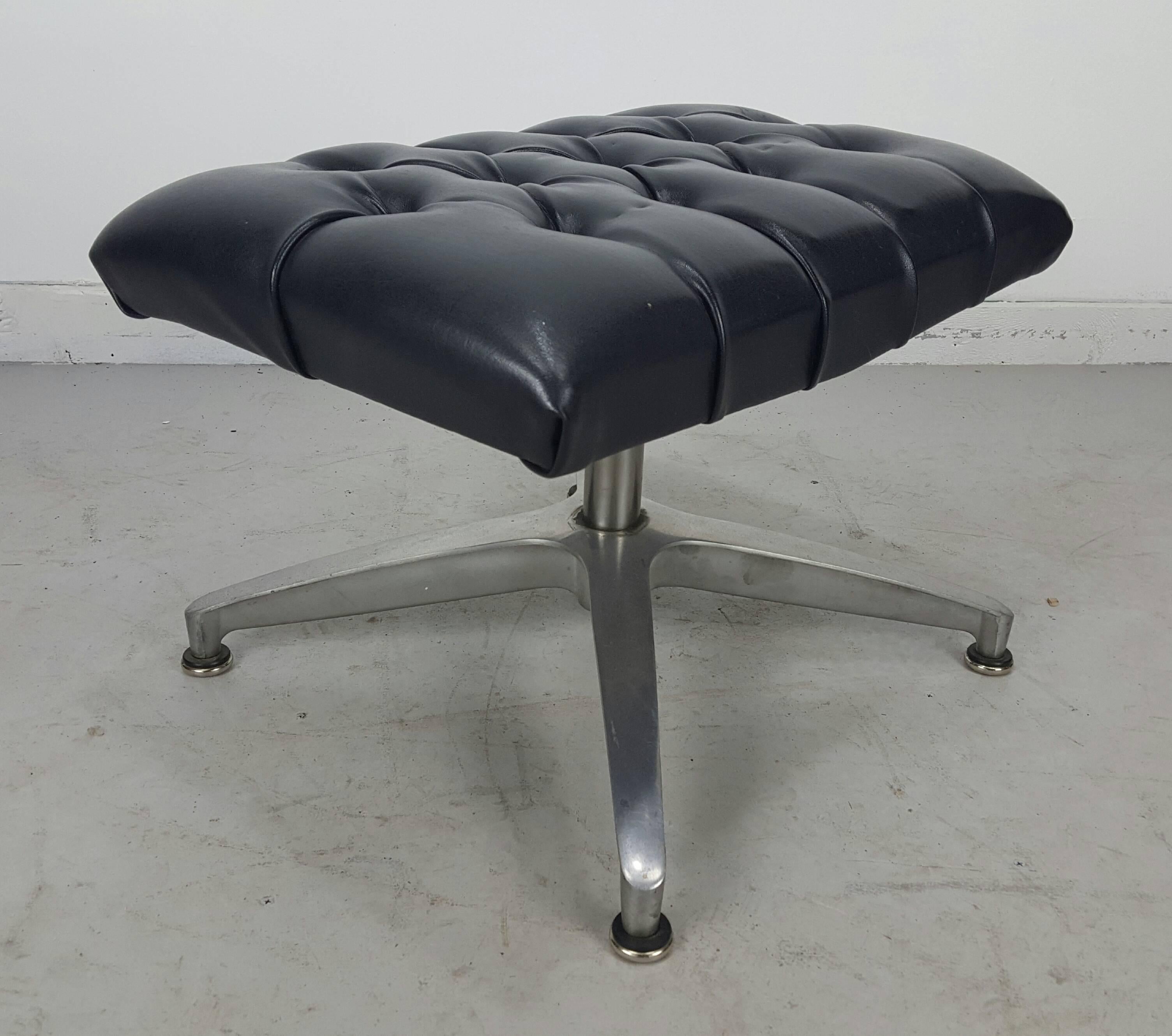 Classic Modernist Button Tufted Ottoman, Cast Aluminium Base In Excellent Condition In Buffalo, NY