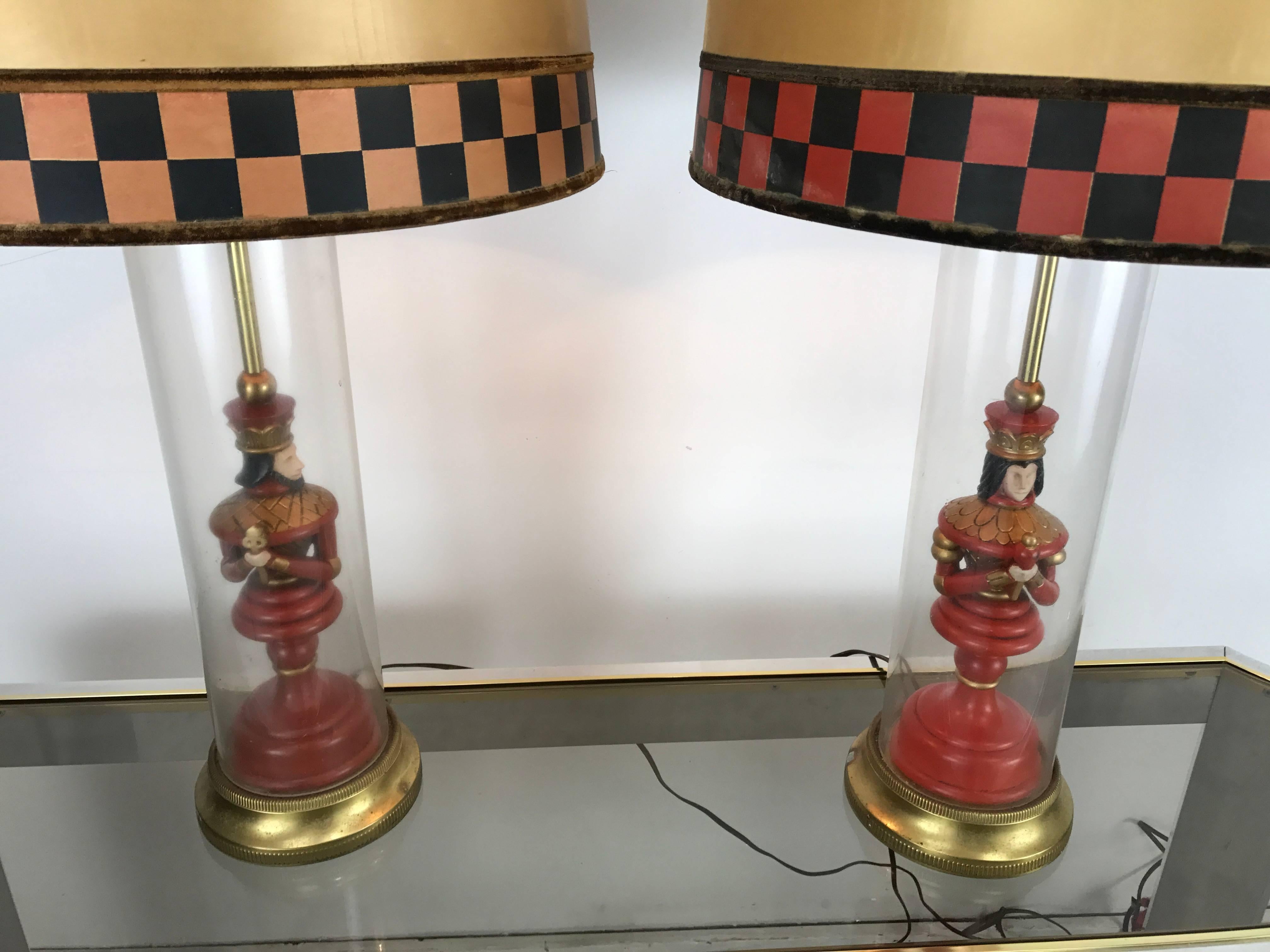 Hollywood Regency Most Unusual Pair of Whimsical Chess Piece under Glass Table Lamps