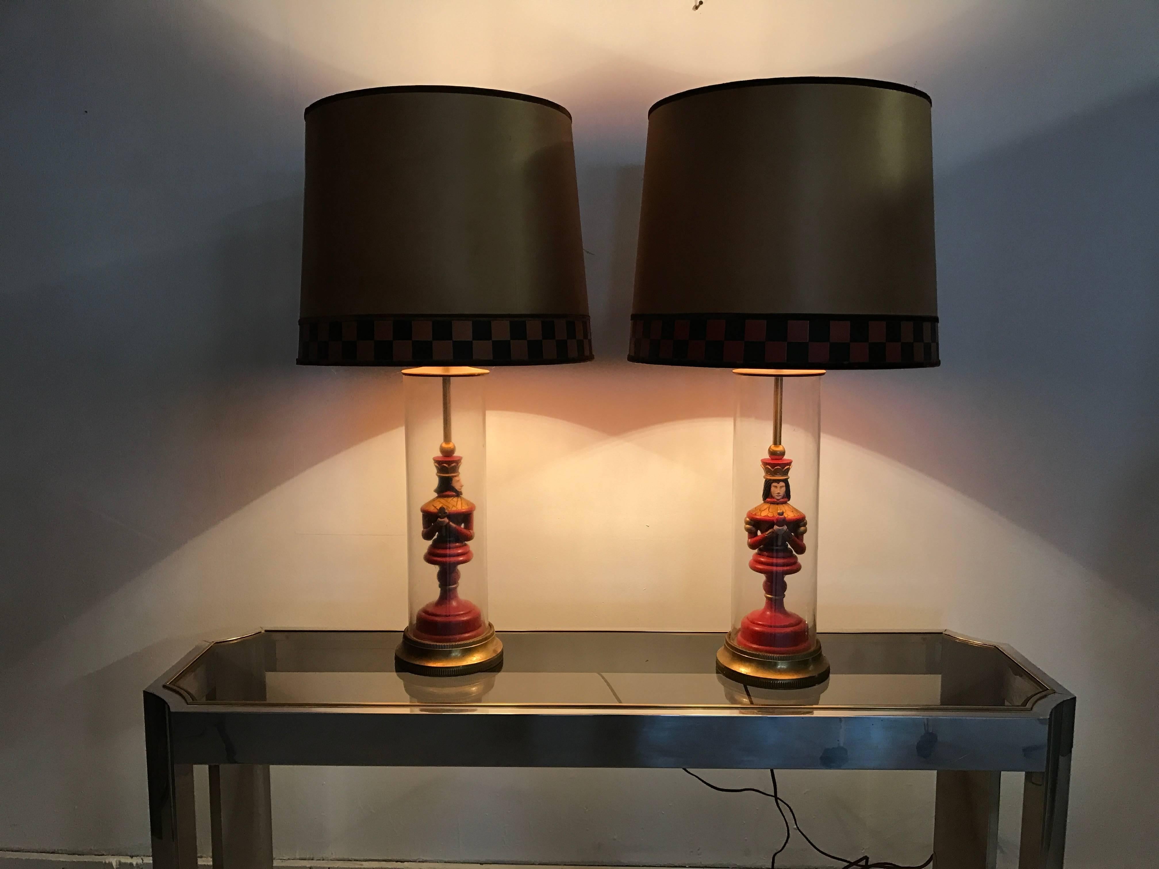 Painted Most Unusual Pair of Whimsical Chess Piece under Glass Table Lamps