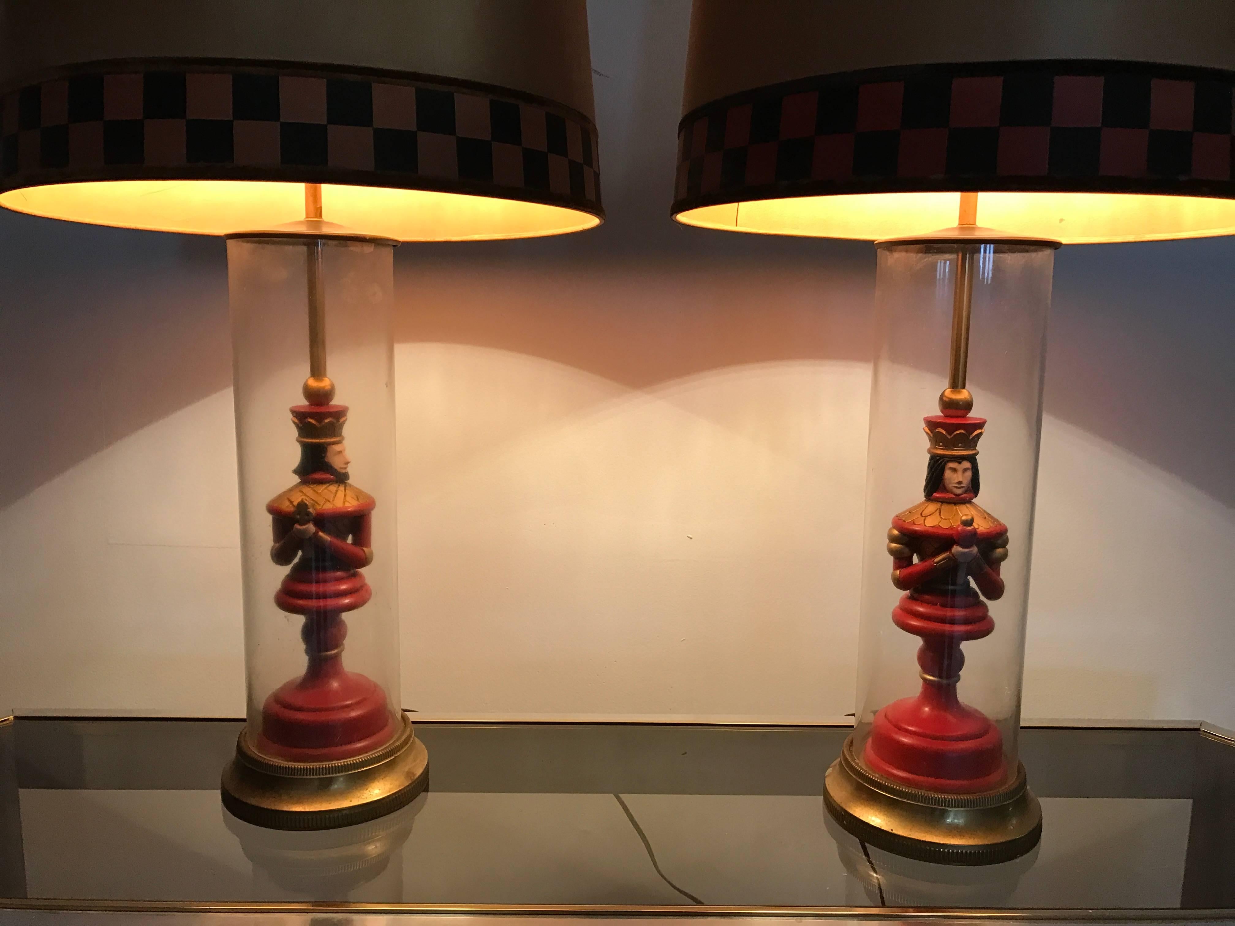 Most Unusual Pair of Whimsical Chess Piece under Glass Table Lamps In Good Condition In Buffalo, NY