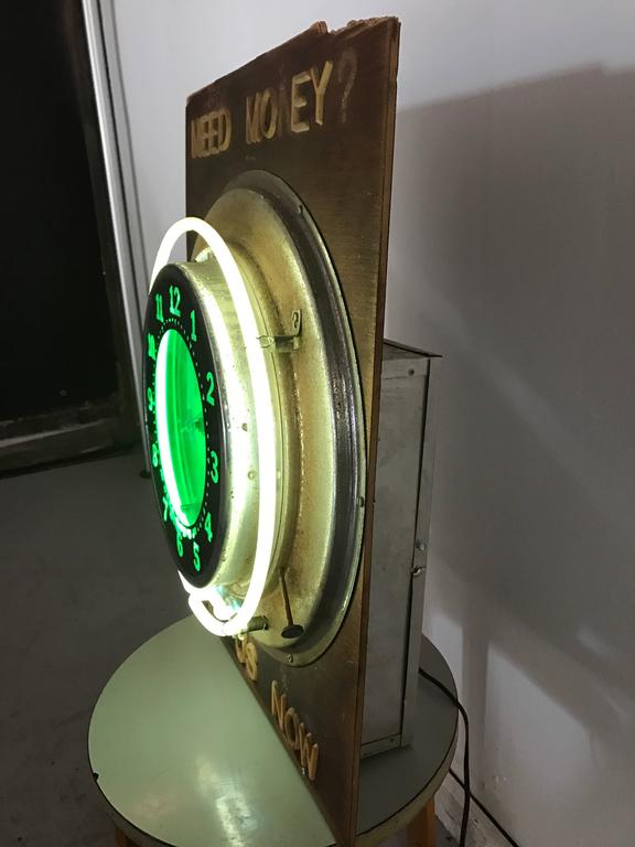 Antique Pawn Shop Sign with Art Deco GloDial Neon Clock For Sale at 1stDibs
