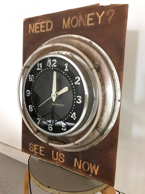 Antique Pawn Shop Sign with Art Deco GloDial Neon Clock For Sale at 1stDibs