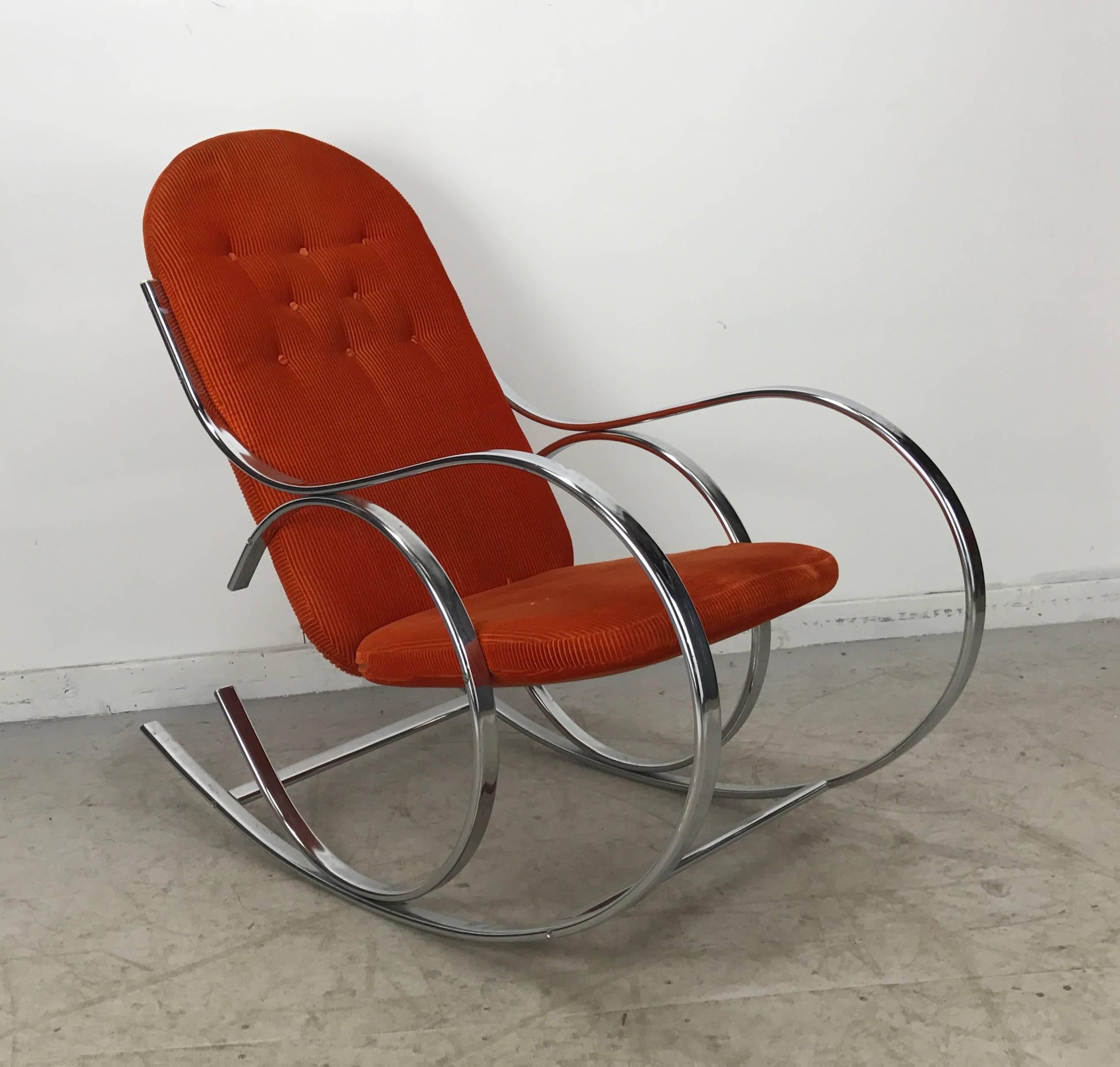 Mid-Century Modern Classic Mid-Century Chrome and Fabric Rocking Chair, Milo Baughman