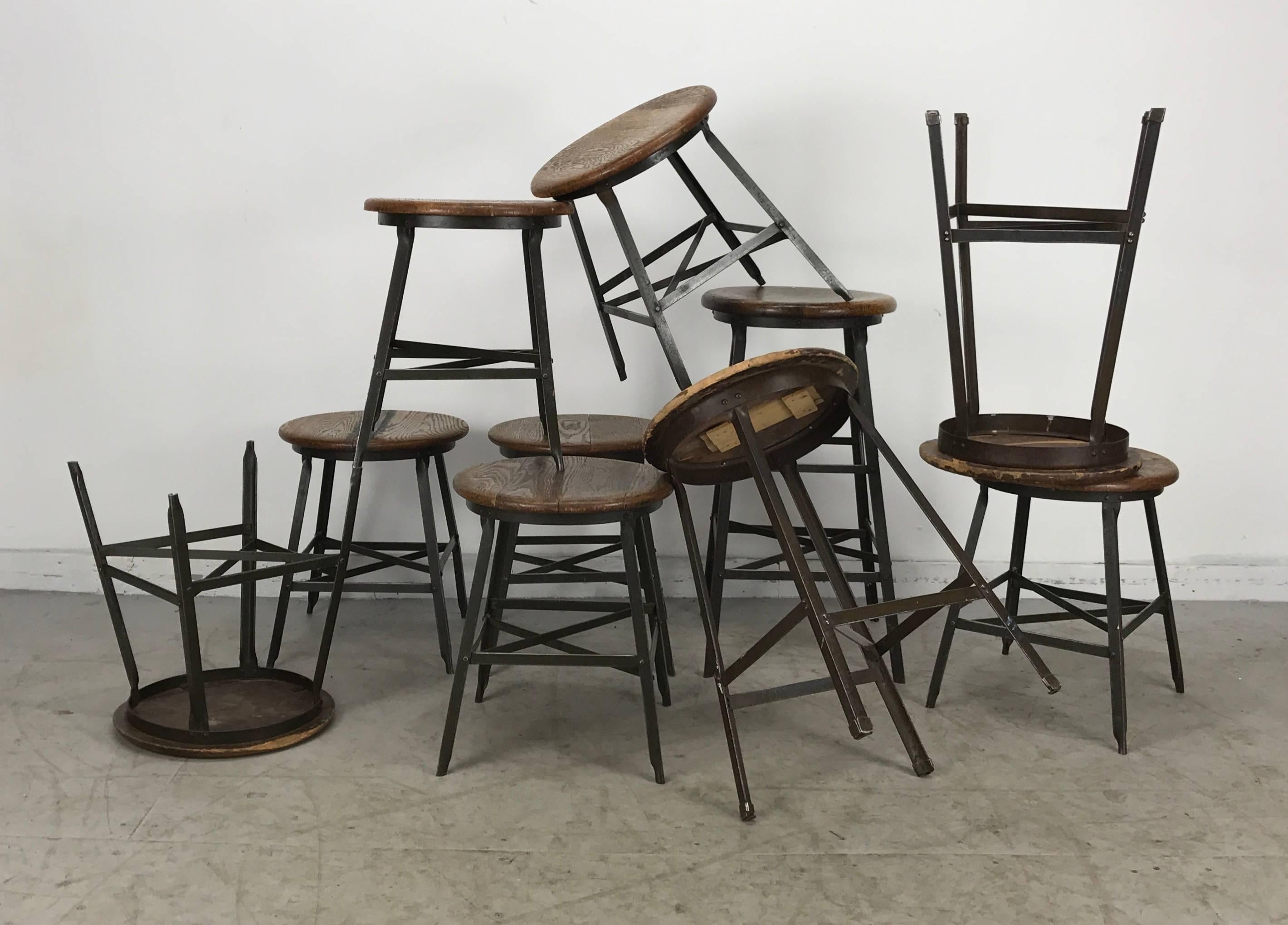 American Set of 8 Industrial Stools in Various Heights, Wood Top/Metal Base, 1920s 