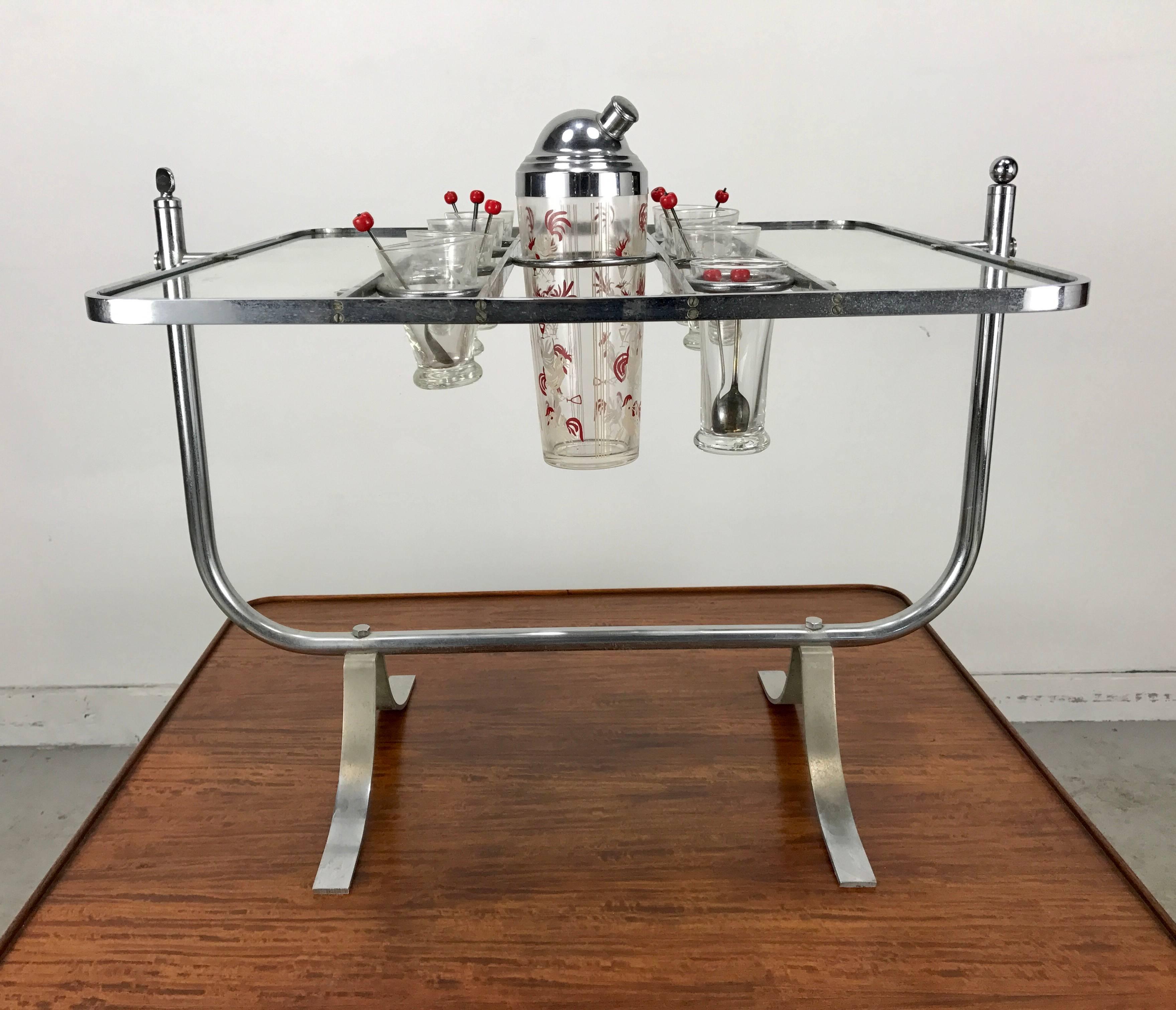 American Rare Art Deco Gryo-Scopic Cocktail Bar Nickel-Plated, Cocktail Shaker & Glasses