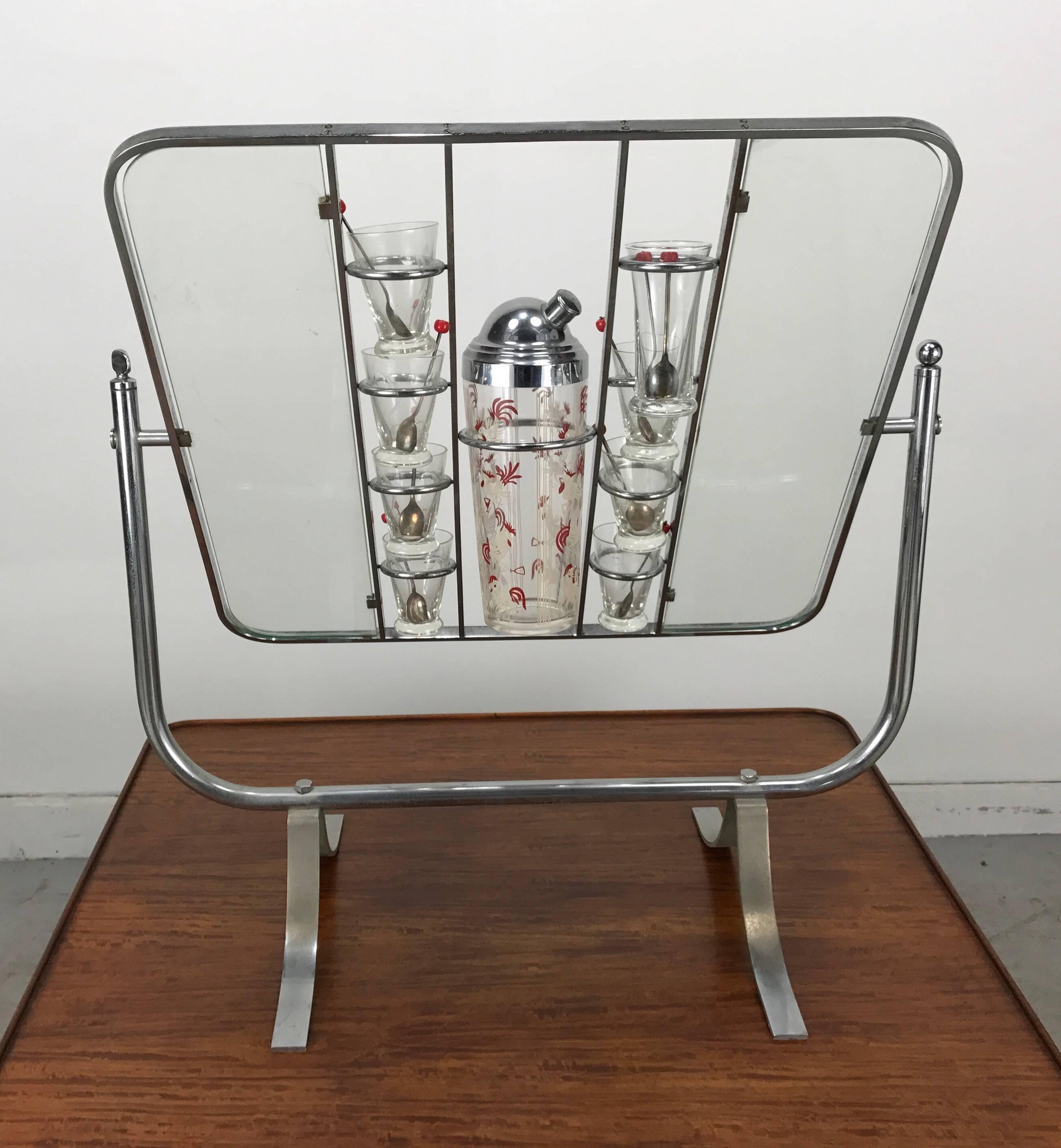 Rare Art Deco Gryo-Scopic Cocktail Bar Nickel-Plated, Cocktail Shaker & Glasses In Good Condition In Buffalo, NY