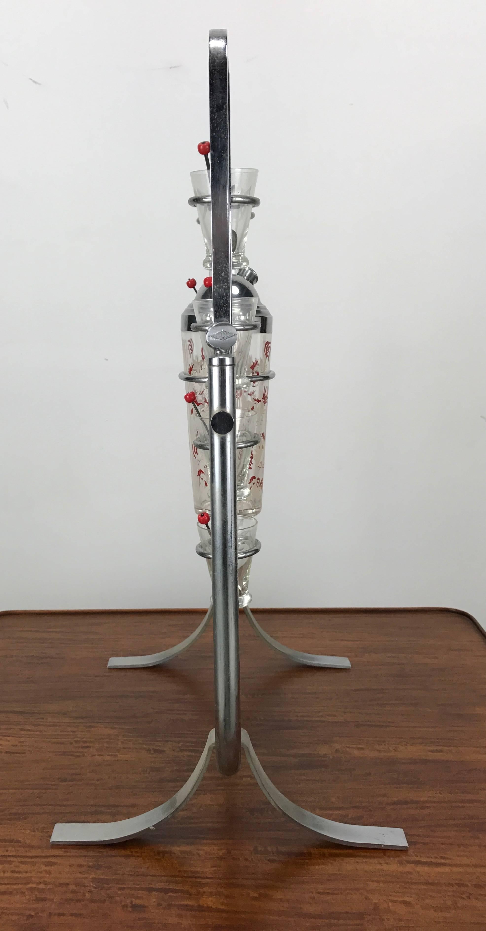 Mid-20th Century Rare Art Deco Gryo-Scopic Cocktail Bar Nickel-Plated, Cocktail Shaker & Glasses