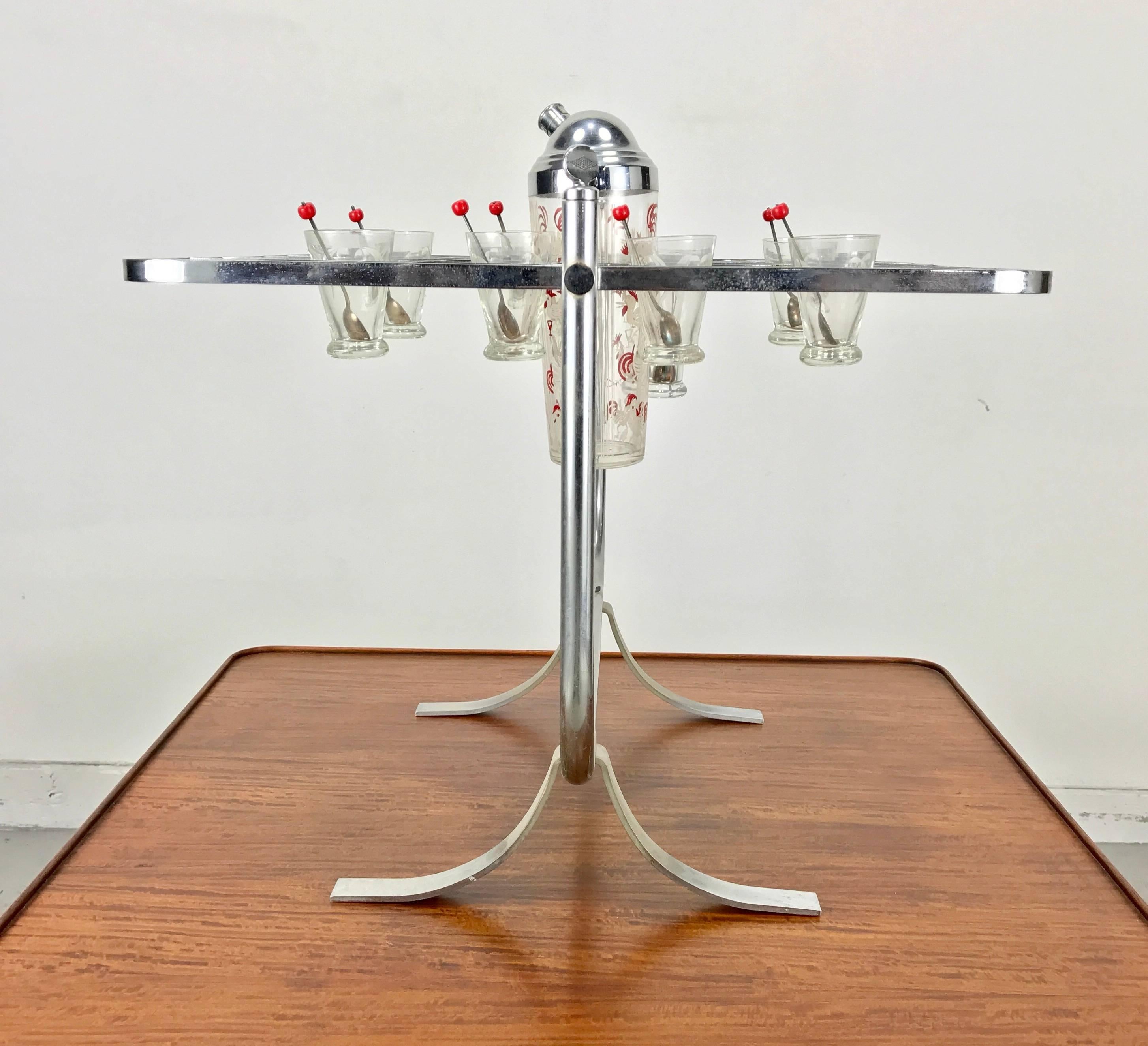Rare Art Deco Gryo-Scopic Cocktail Bar Nickel-Plated, Cocktail Shaker & Glasses 2