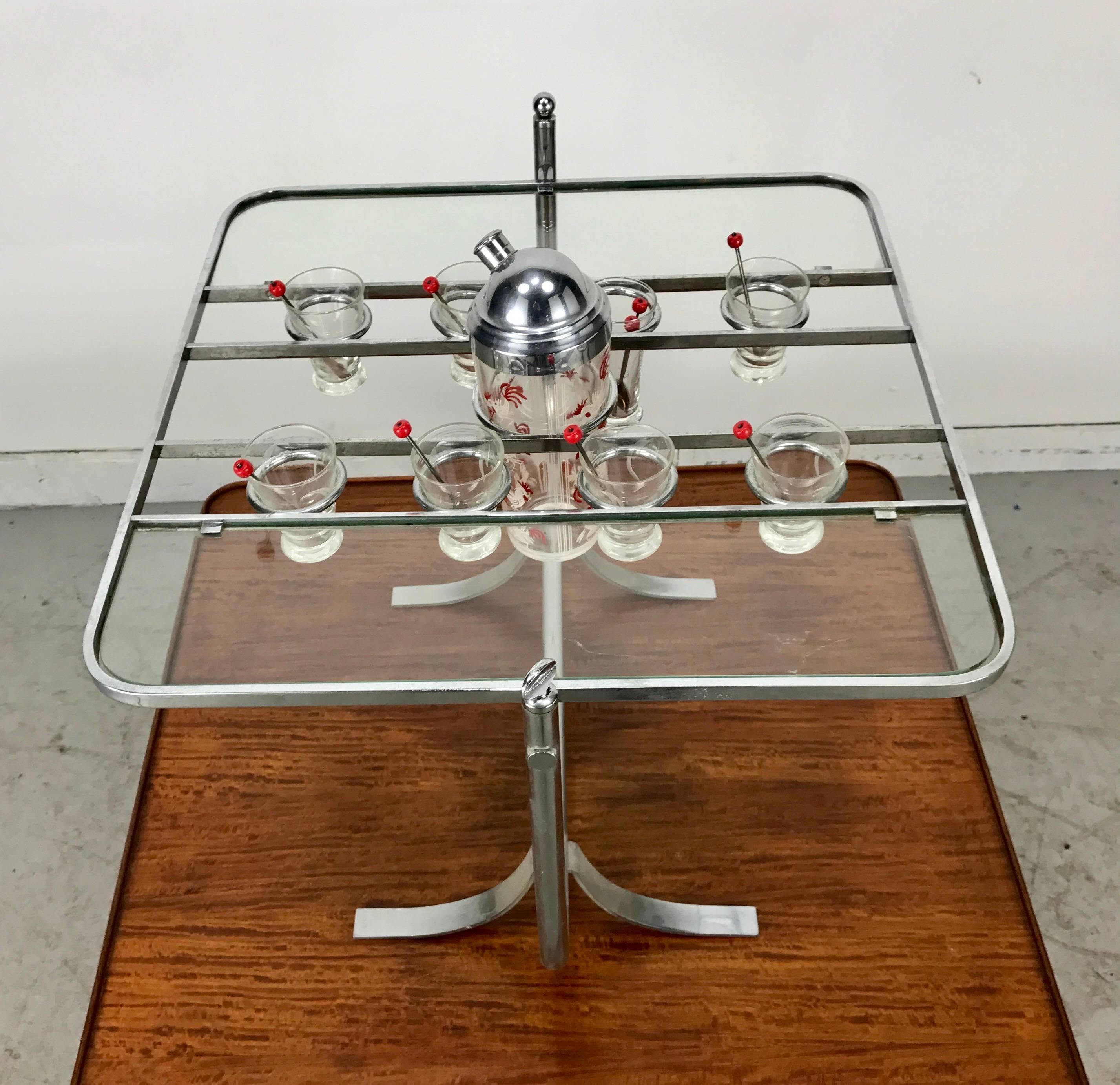 Rare Art Deco Gryo-Scopic Cocktail Bar Nickel-Plated, Cocktail Shaker & Glasses 3