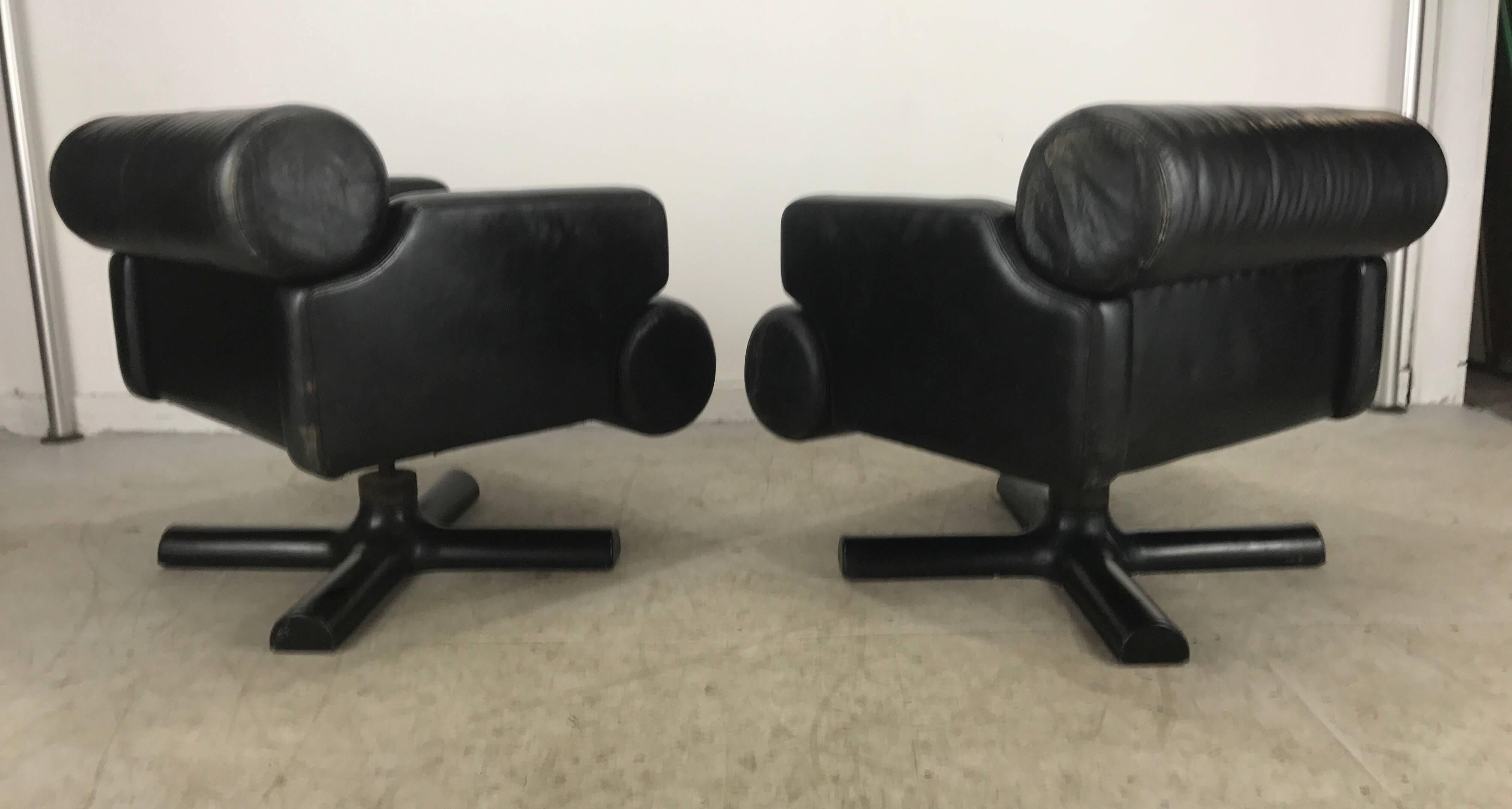 American Rare Black Leather Pop Modernist, Space Age Chairs by William Lancing Plumb