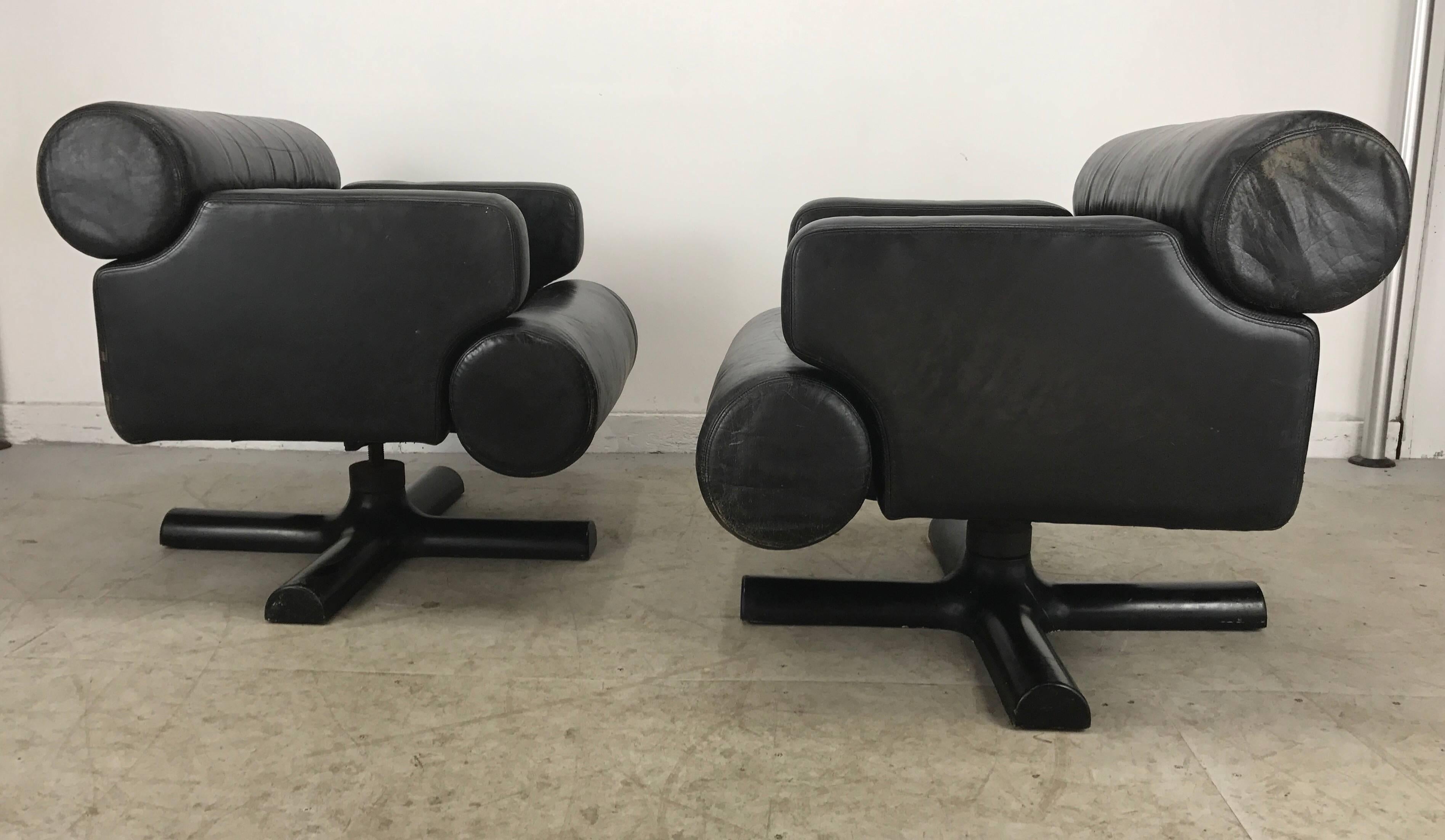 20th Century Rare Black Leather Pop Modernist, Space Age Chairs by William Lancing Plumb
