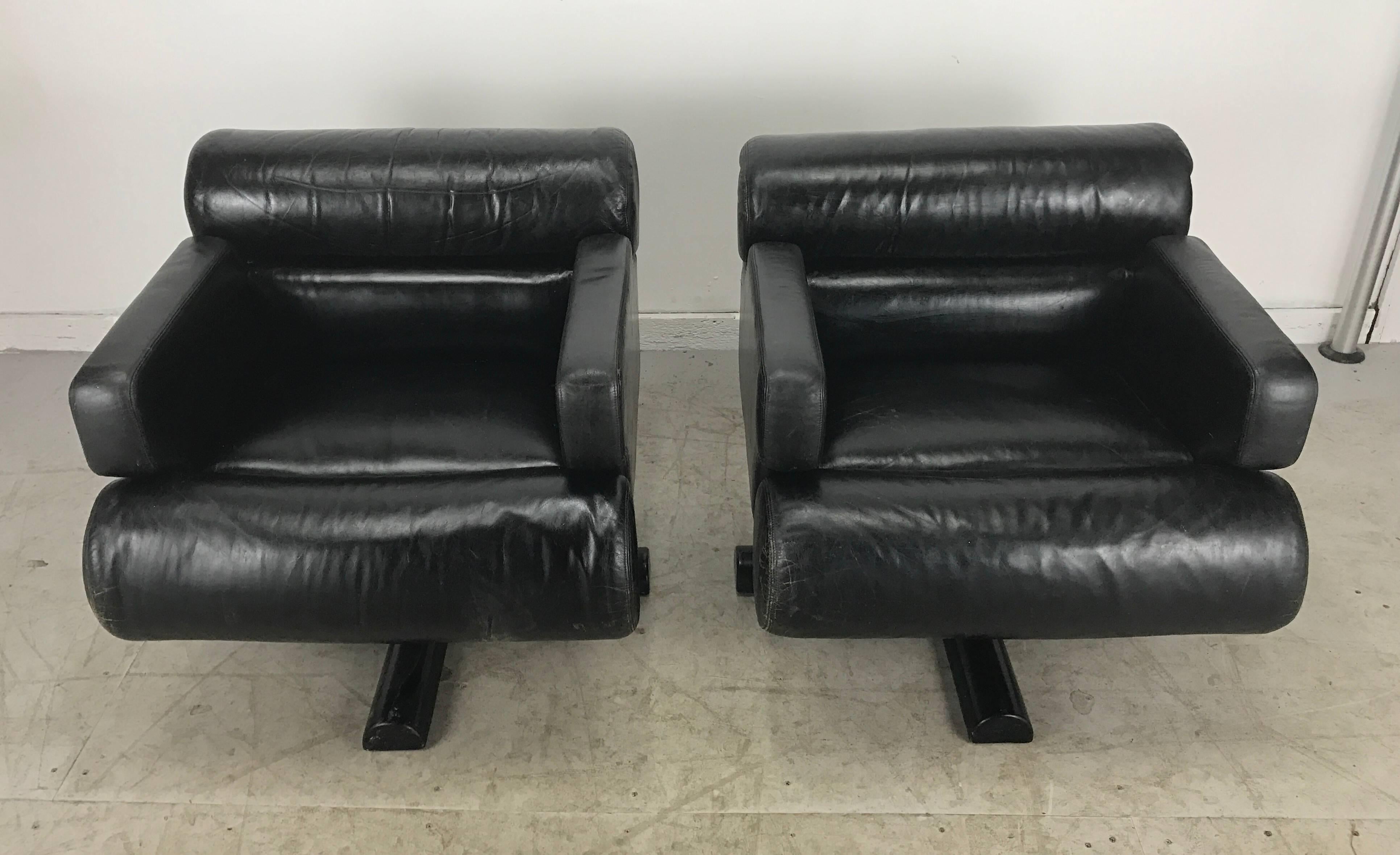 Rare Black Leather Pop Modernist, Space Age Chairs by William Lancing Plumb 3