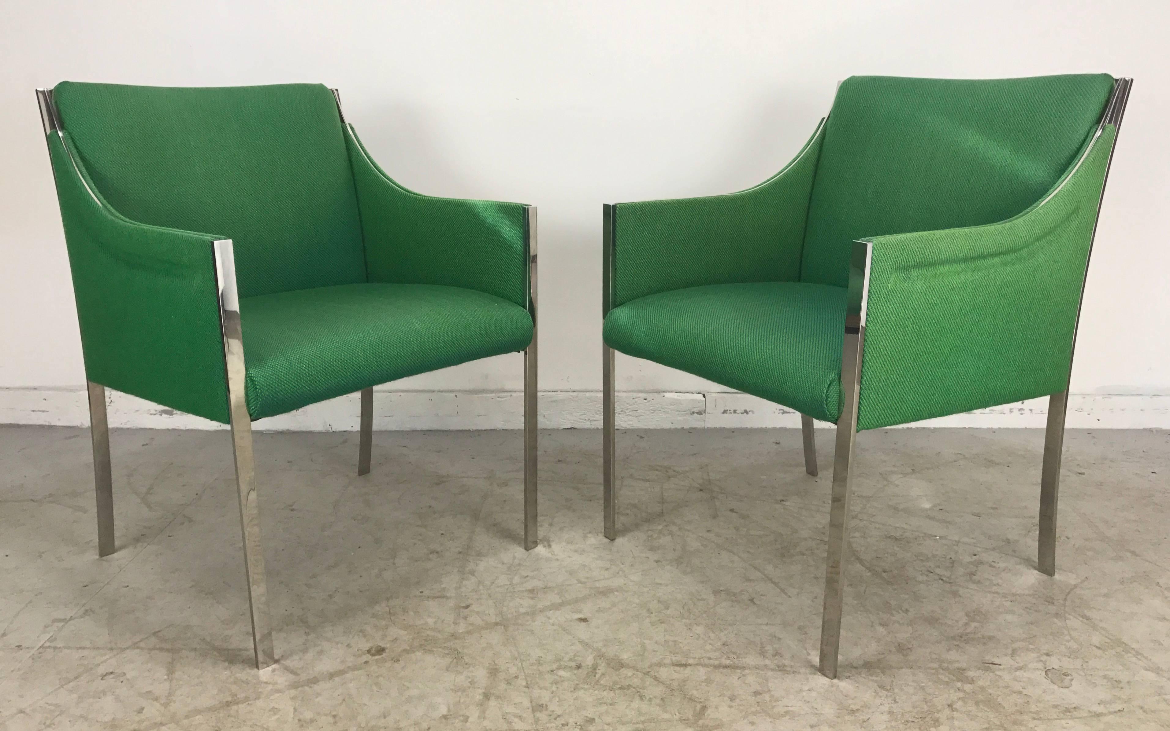 Stainless Steel Rare Chromed Steel and Wool Lounge Chairs by Jens Risom