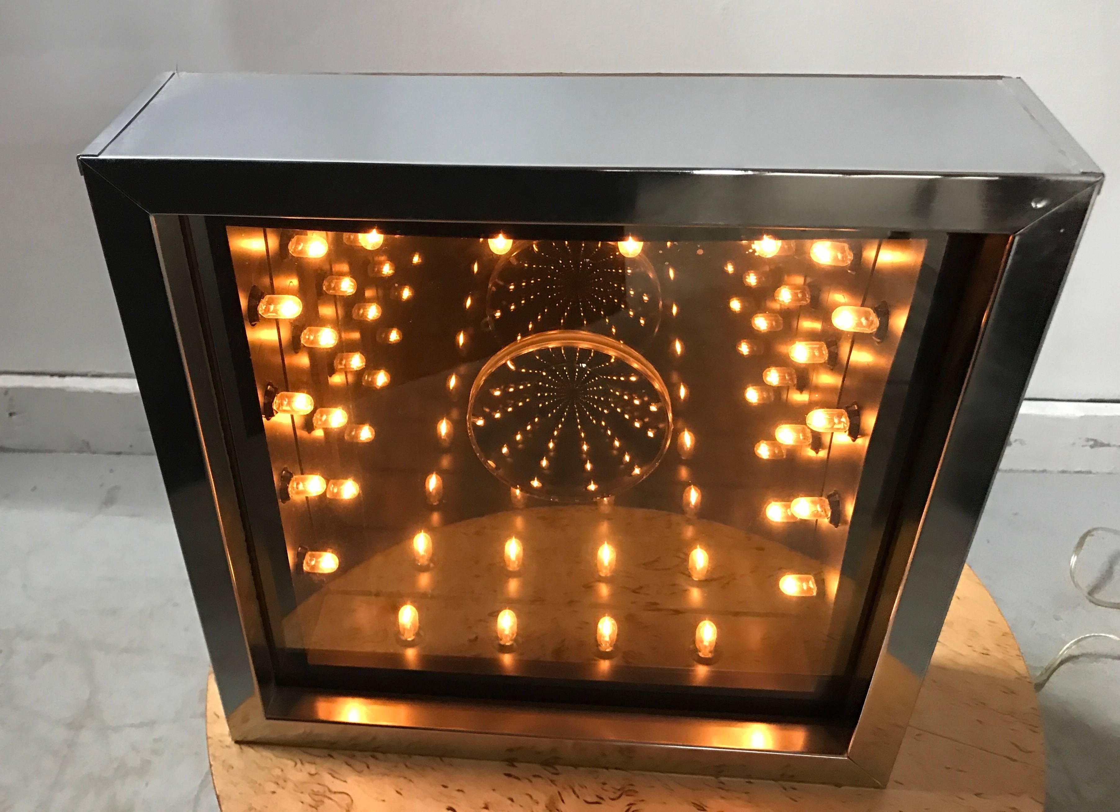 Pop Modernist infinity mirror manufactured by Neo Art Co, unusual size, wall hanging or tabletop, excellent original condition.