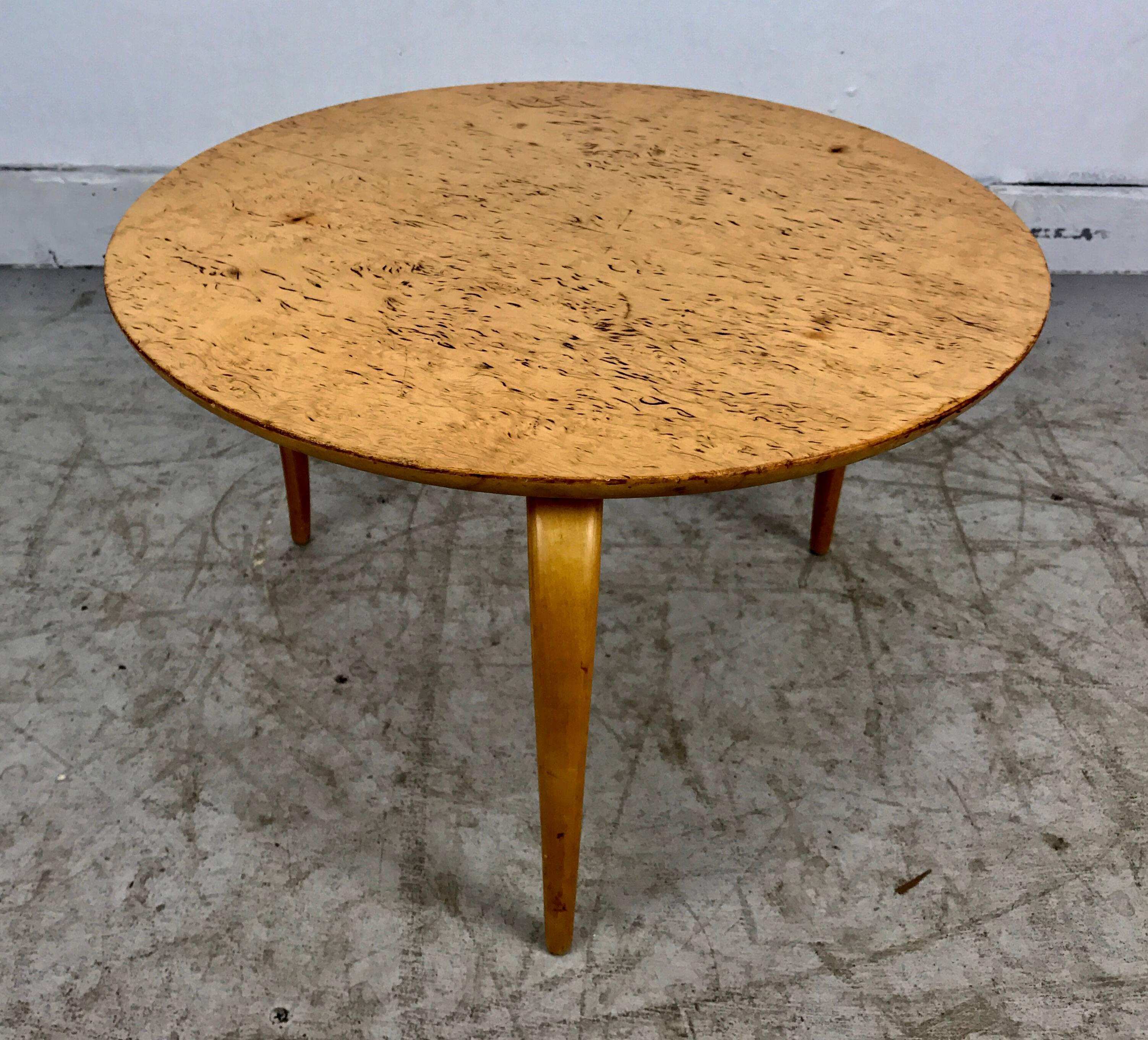 Early diminuitive occasional table designed by Bruno Mathsson, made in Sweden, retains original burn in Karl Mathsson label, circa 1940s. Original finish, age appropriate wear.