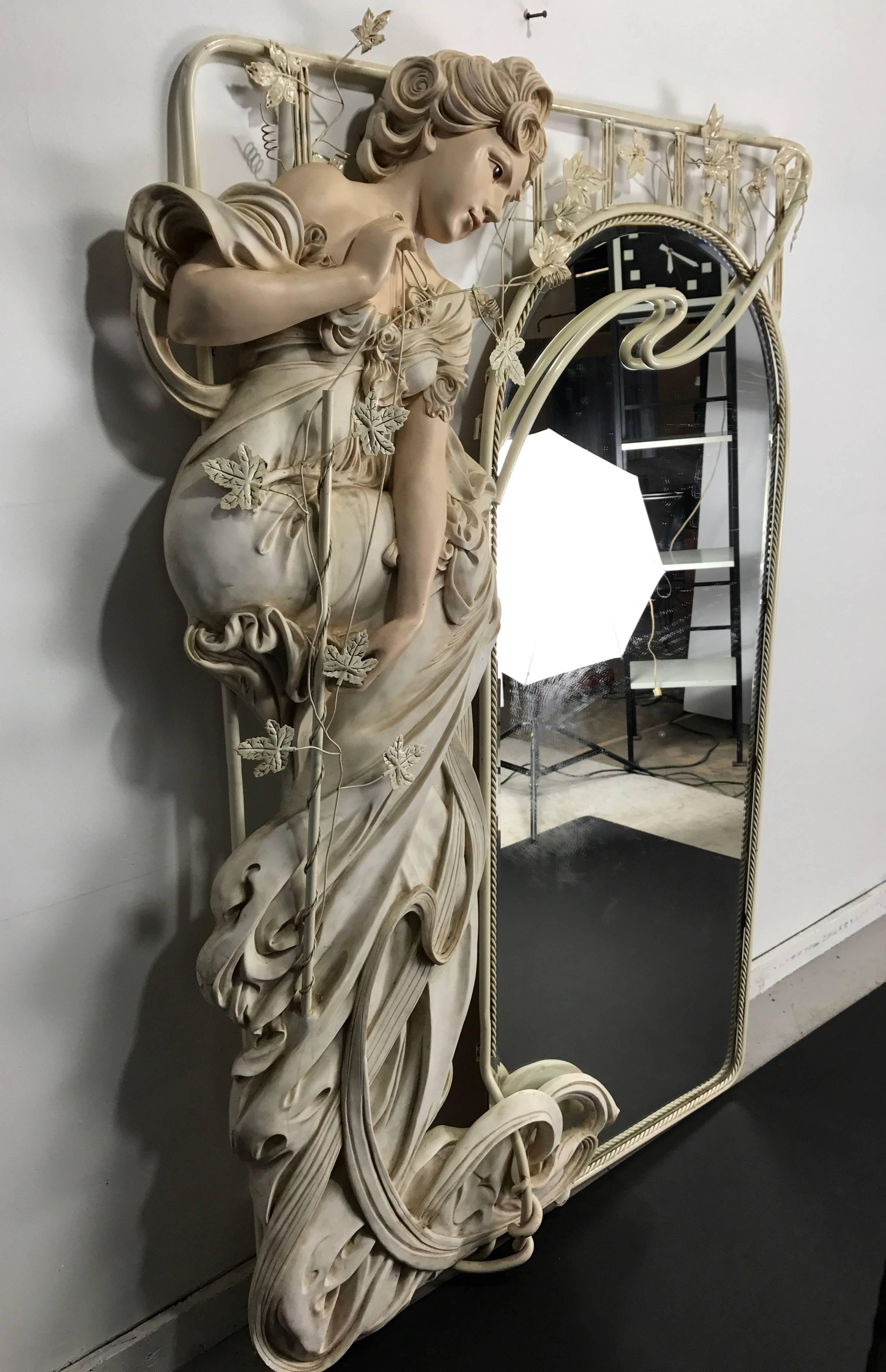 Monumental 6' Art Nouveau style mirror, life-size woman by Cote of France. Possibly made for store display, bridal /dress shop.