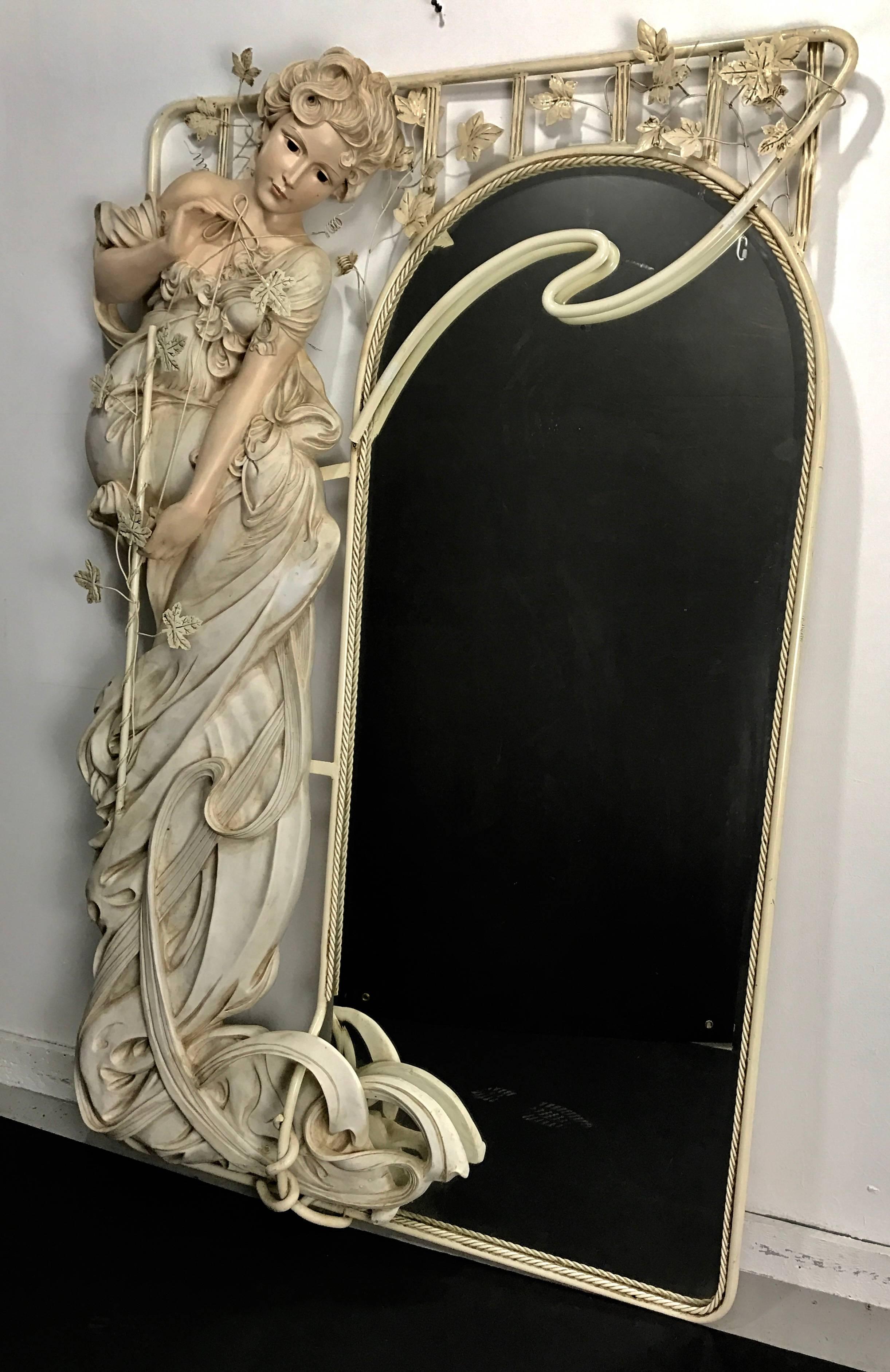 French Monumental Art Nouveau Style Mirror, Life-size Woman by Cote of France