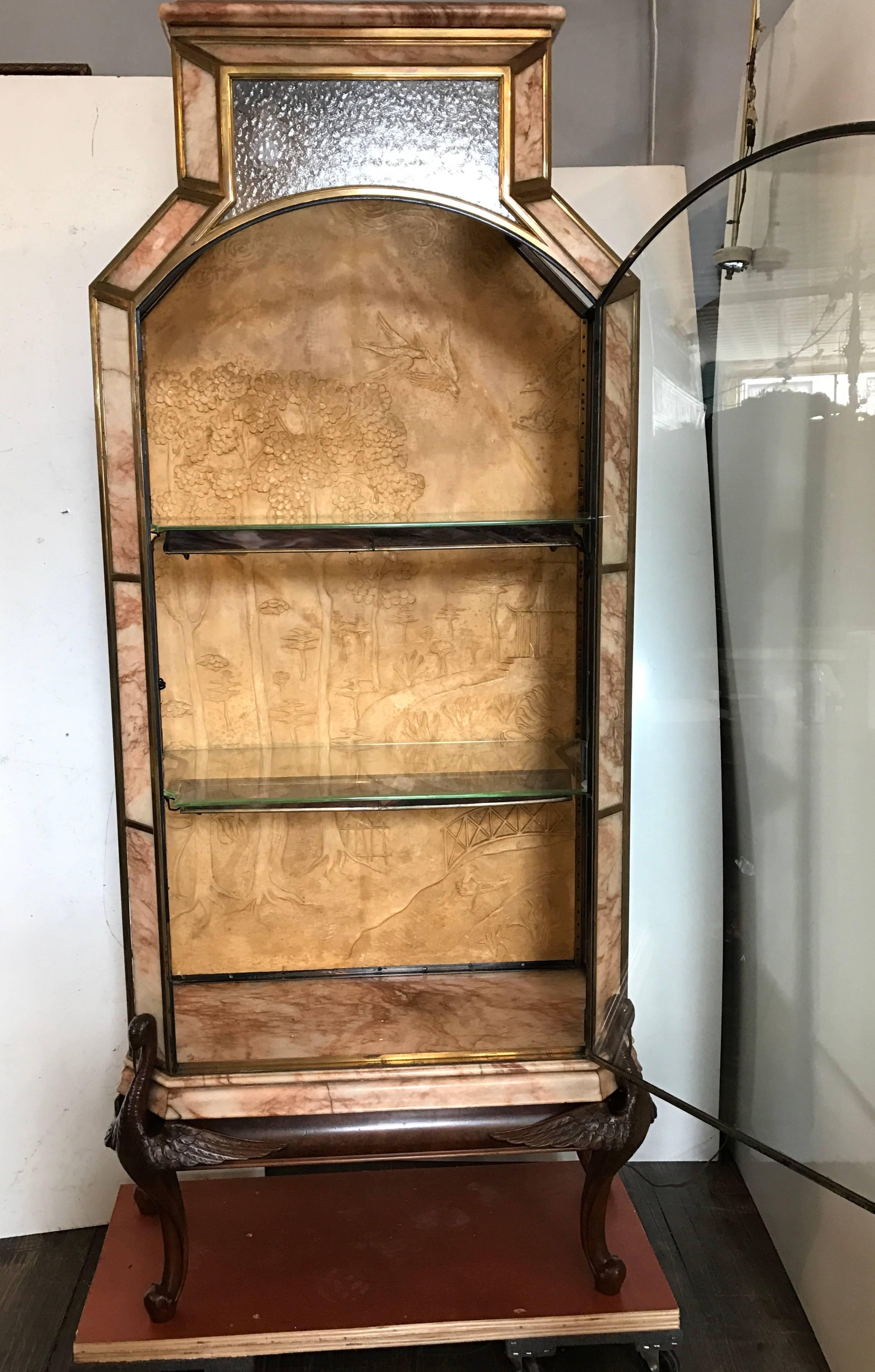 20th Century Stunning French Art Deco Bronze, Glass, Marble Carved Wood Vitrine-Display Case For Sale