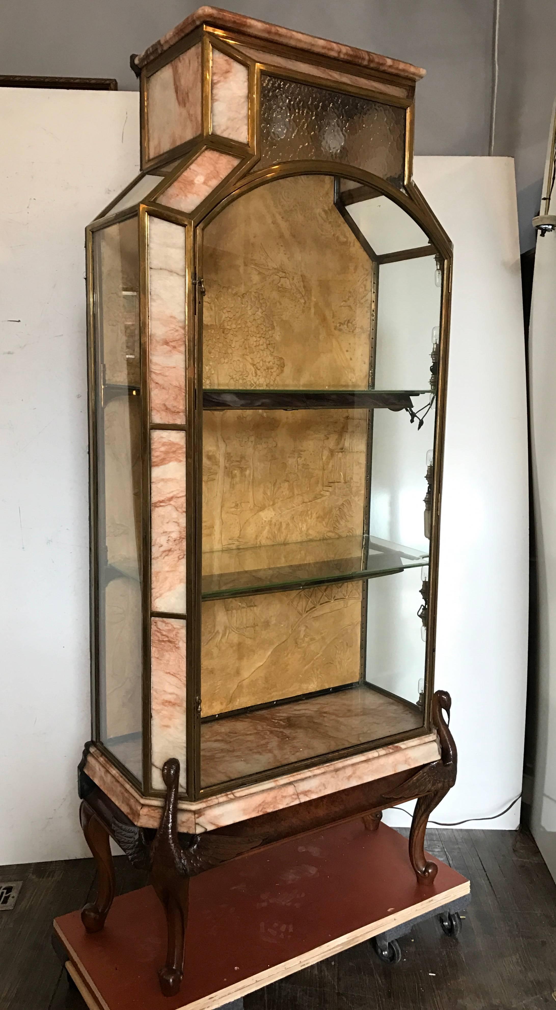 Stunning French Art Deco Bronze, Glass, Marble Carved Wood Vitrine-Display Case For Sale 2