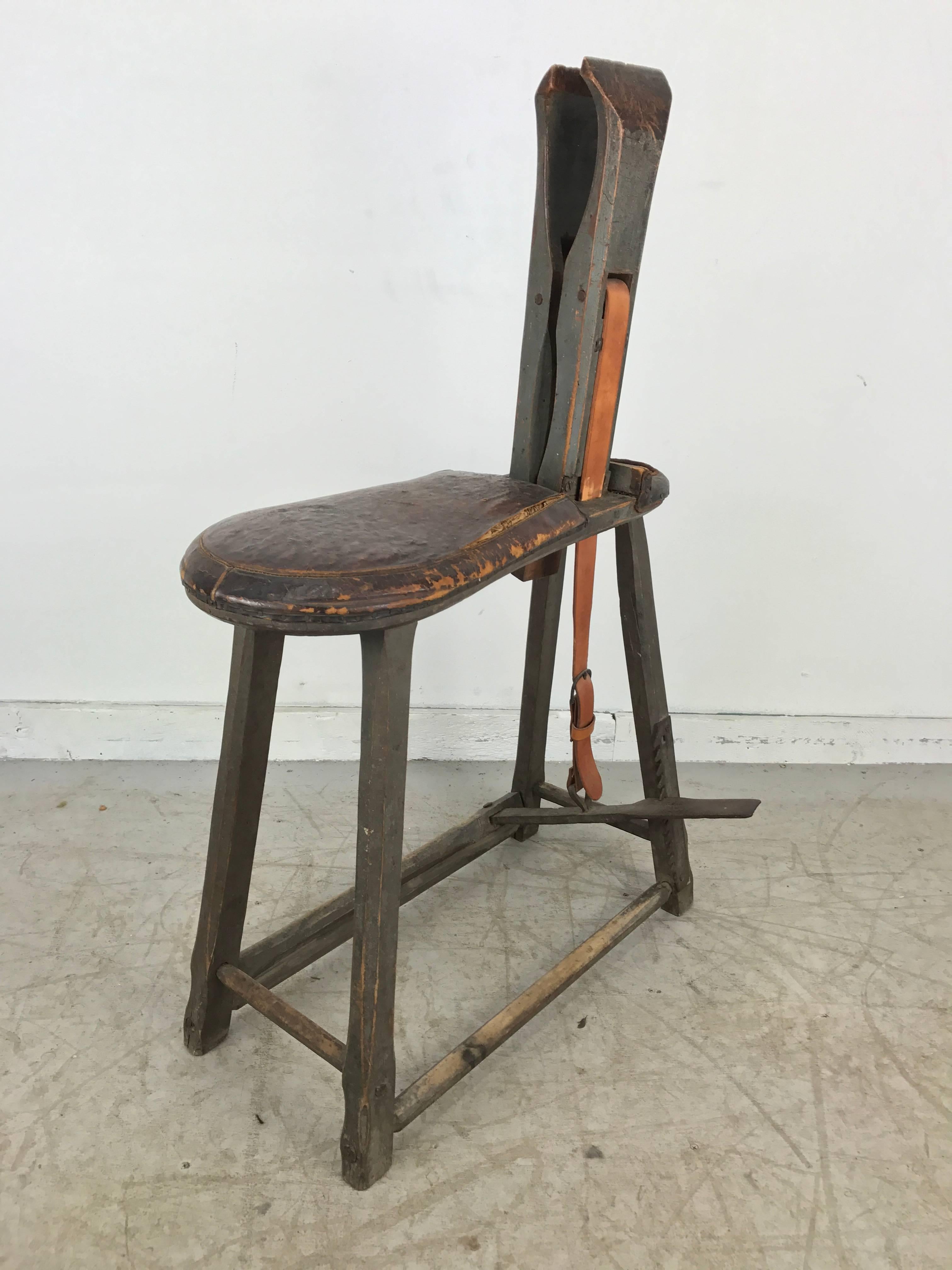 Antique Sculptural Harness repair Bench, circa 1840s. Whimsical little item, modern sculpture. Nice original paint, surface and color retains original leather seat.