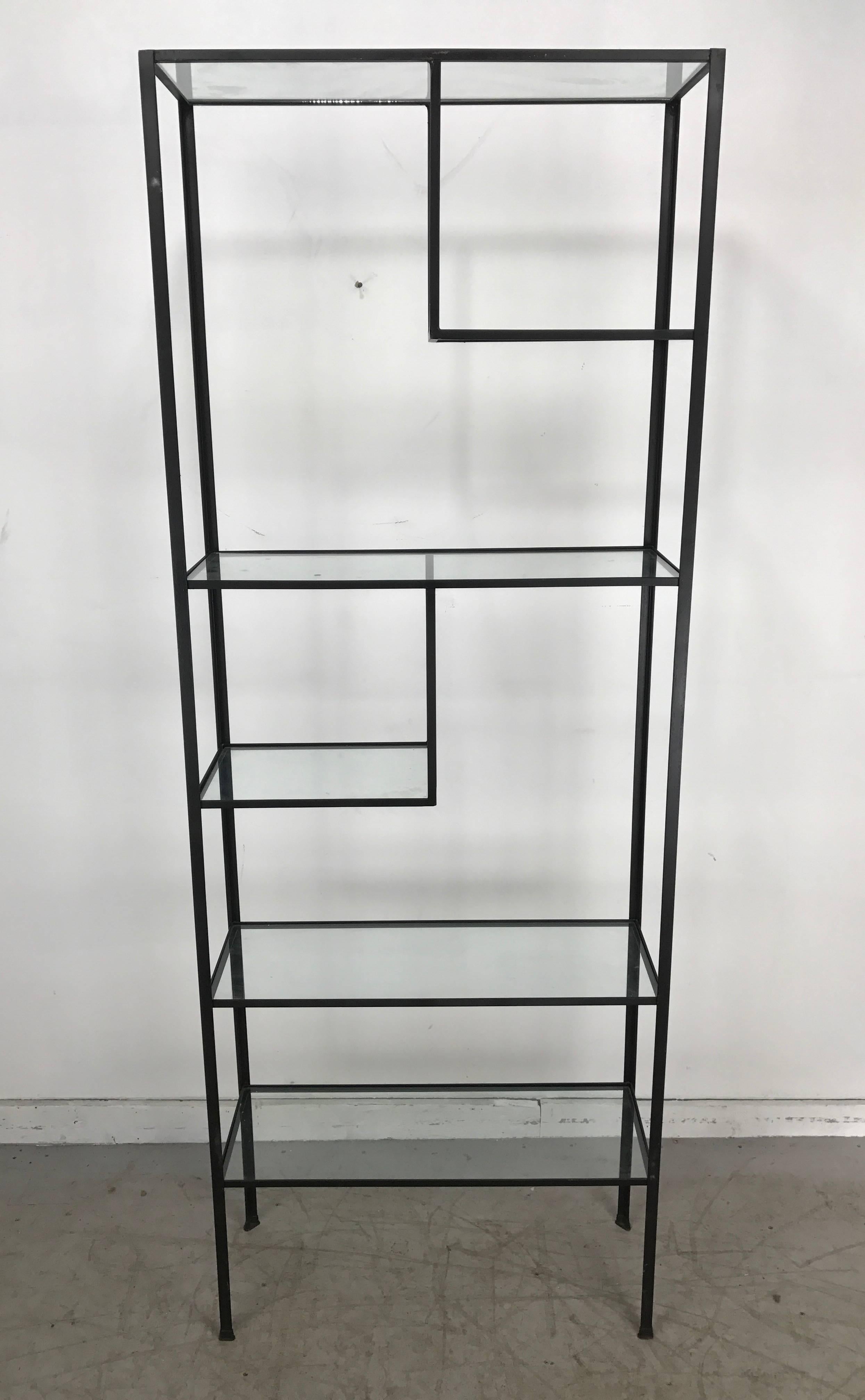 Mid-Century Modern Iron and Glass Etagere/shelf by Frederick Weinberg. Sleek, simple, elegant design, Angle iron frame, 5 glass shelves.