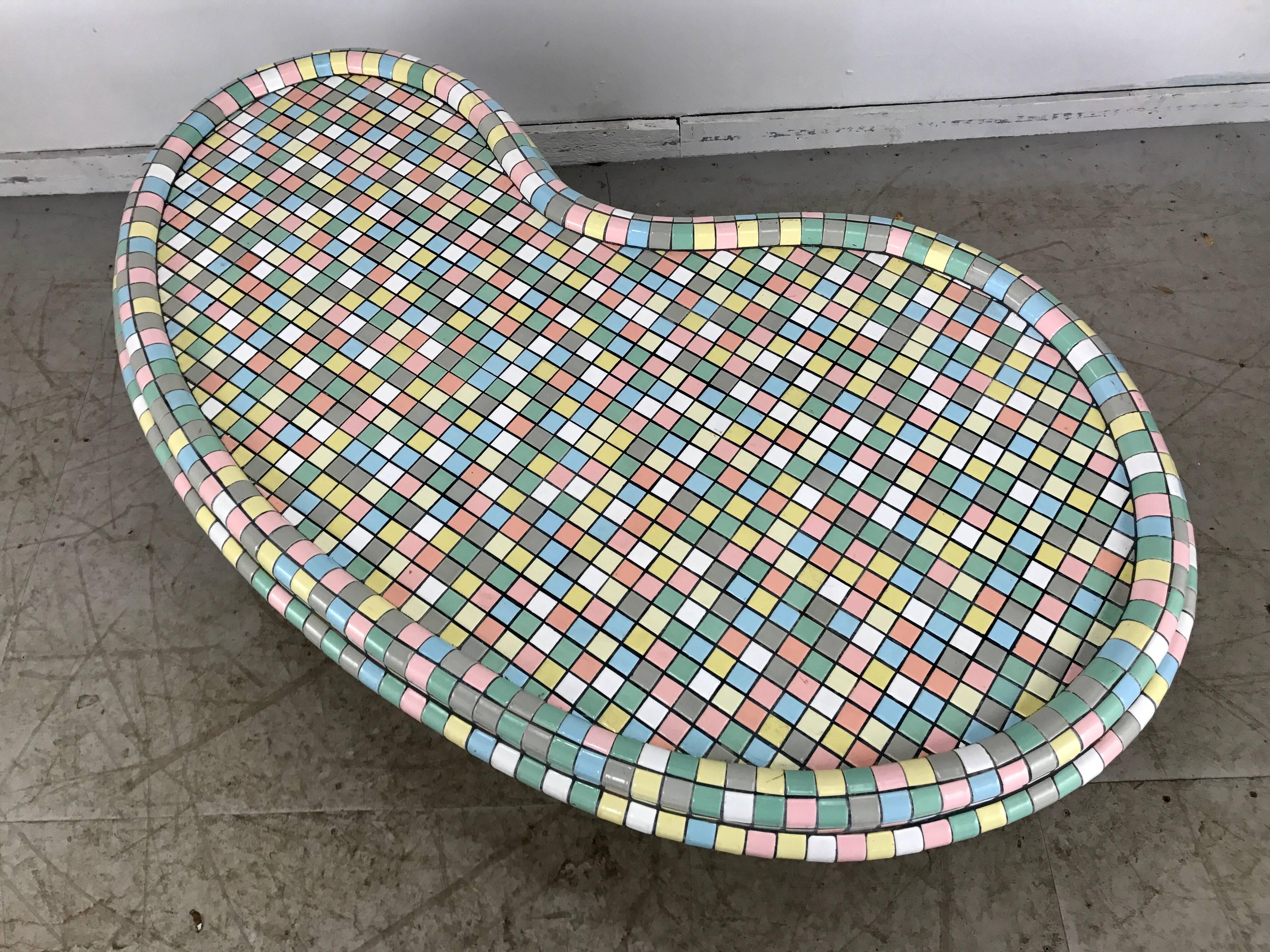 Classic Mid Century Modern Kidney Shape Mosaic Tile Top Coffee/cocktail Table,attributed to Honnenberg. Amazing layered mosaic multi color tile top. Wood wrapped base casters.