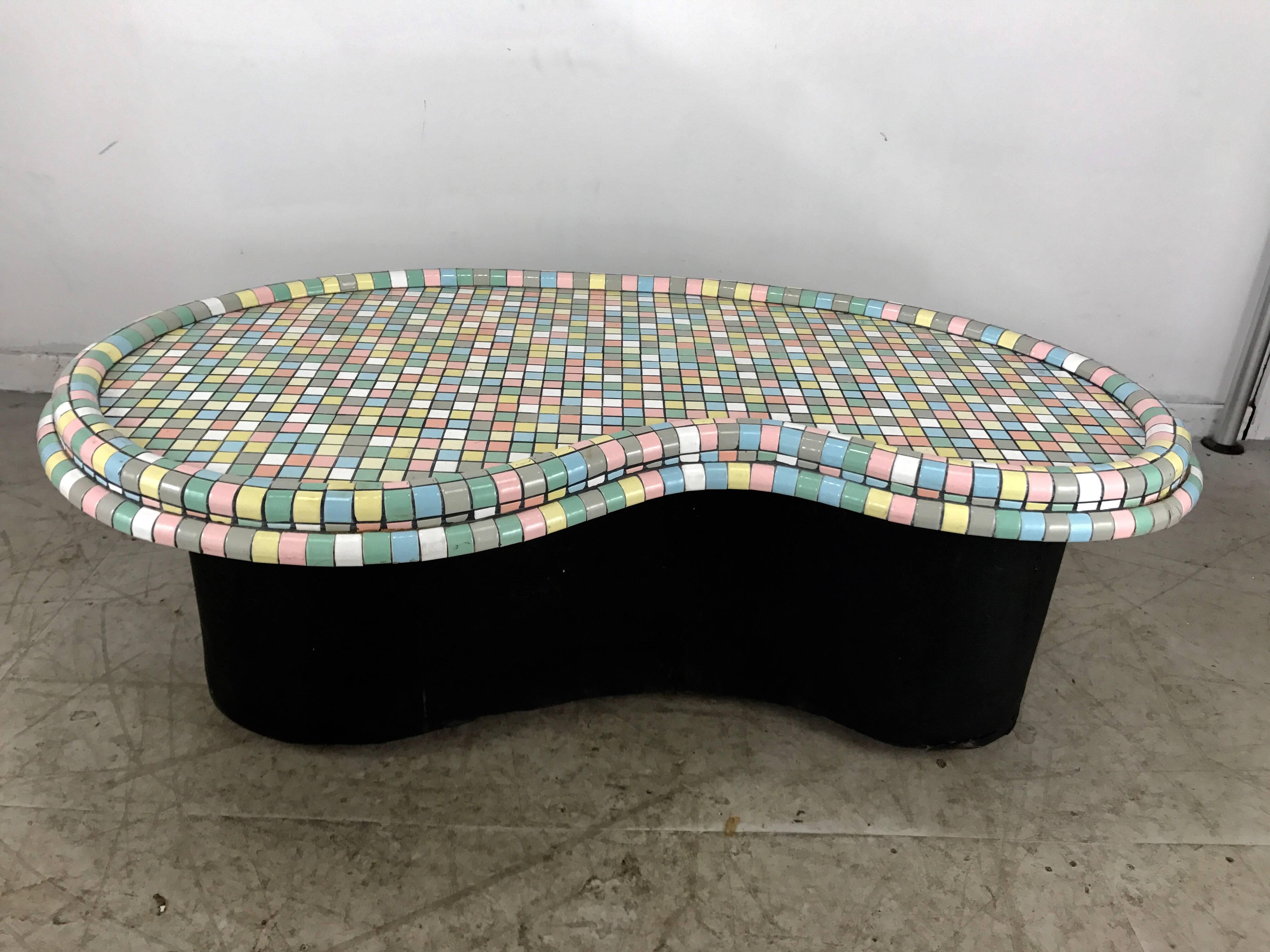 Mid-Century Modern Unusual Kidney Shape Mosaic Tile Top Coffee Table, Honnenburg Original