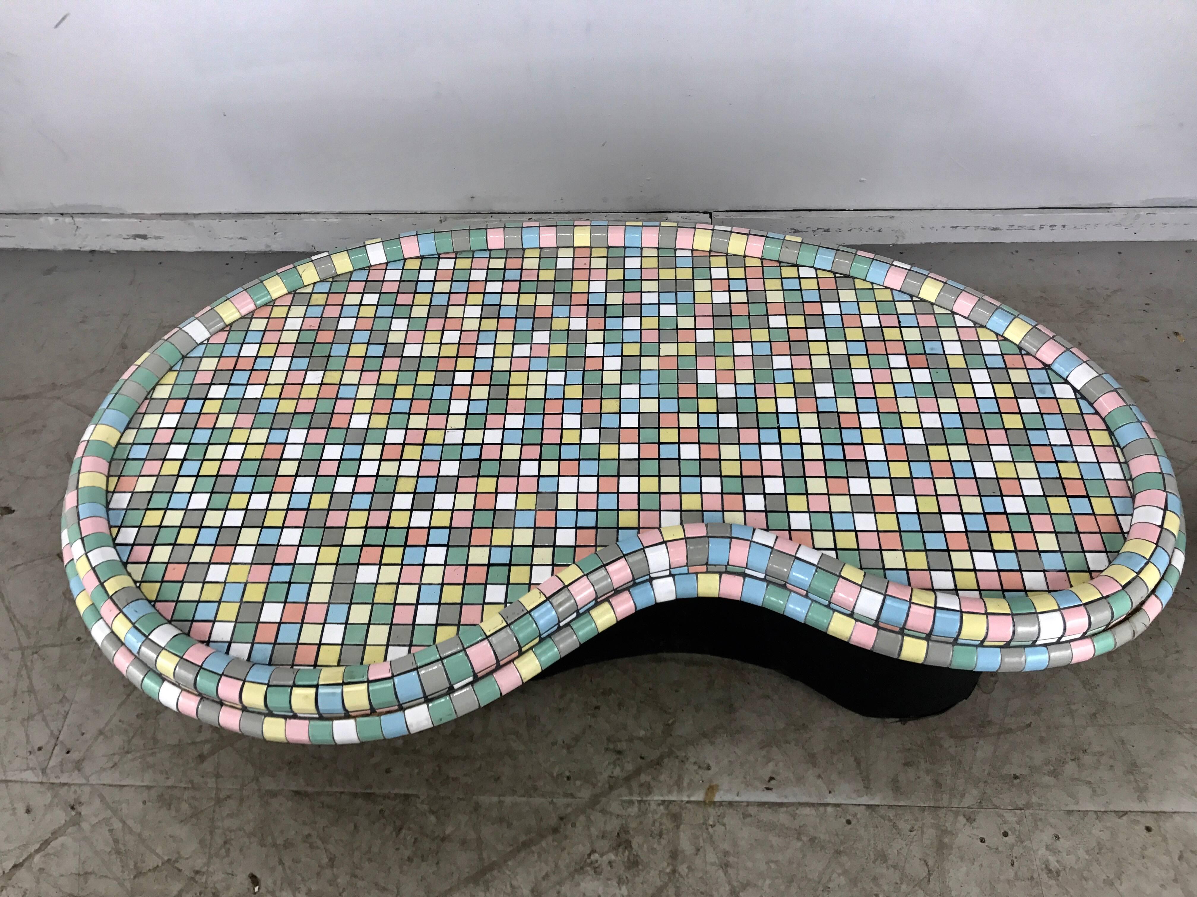 Unusual Kidney Shape Mosaic Tile Top Coffee Table, Honnenburg Original In Good Condition In Buffalo, NY