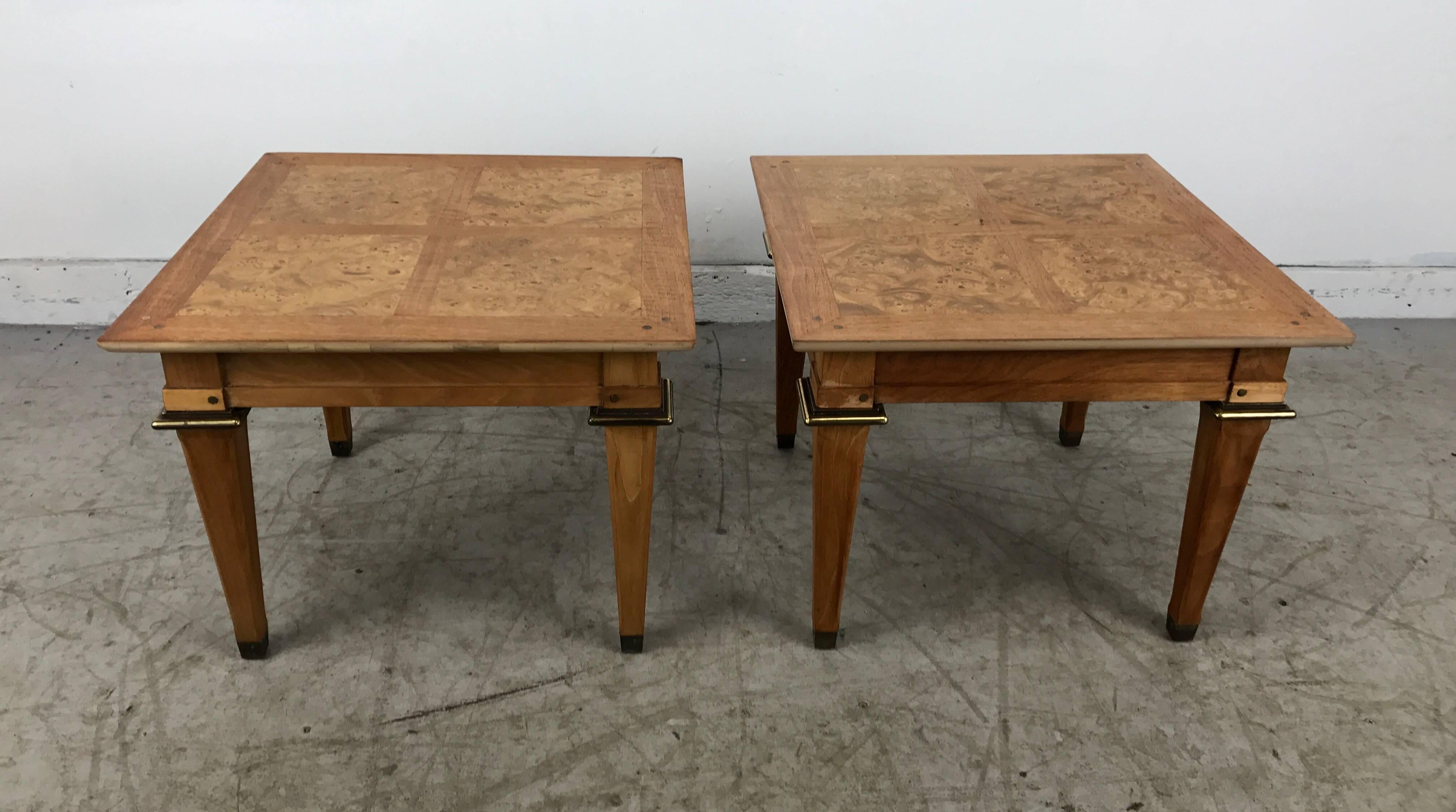Stunning pair of burl and brass occasional tables by Mastercraft, Classic Regency traditional design, burl wood tops. Brass inlay (dot) accents, brass detail trim to top legs.