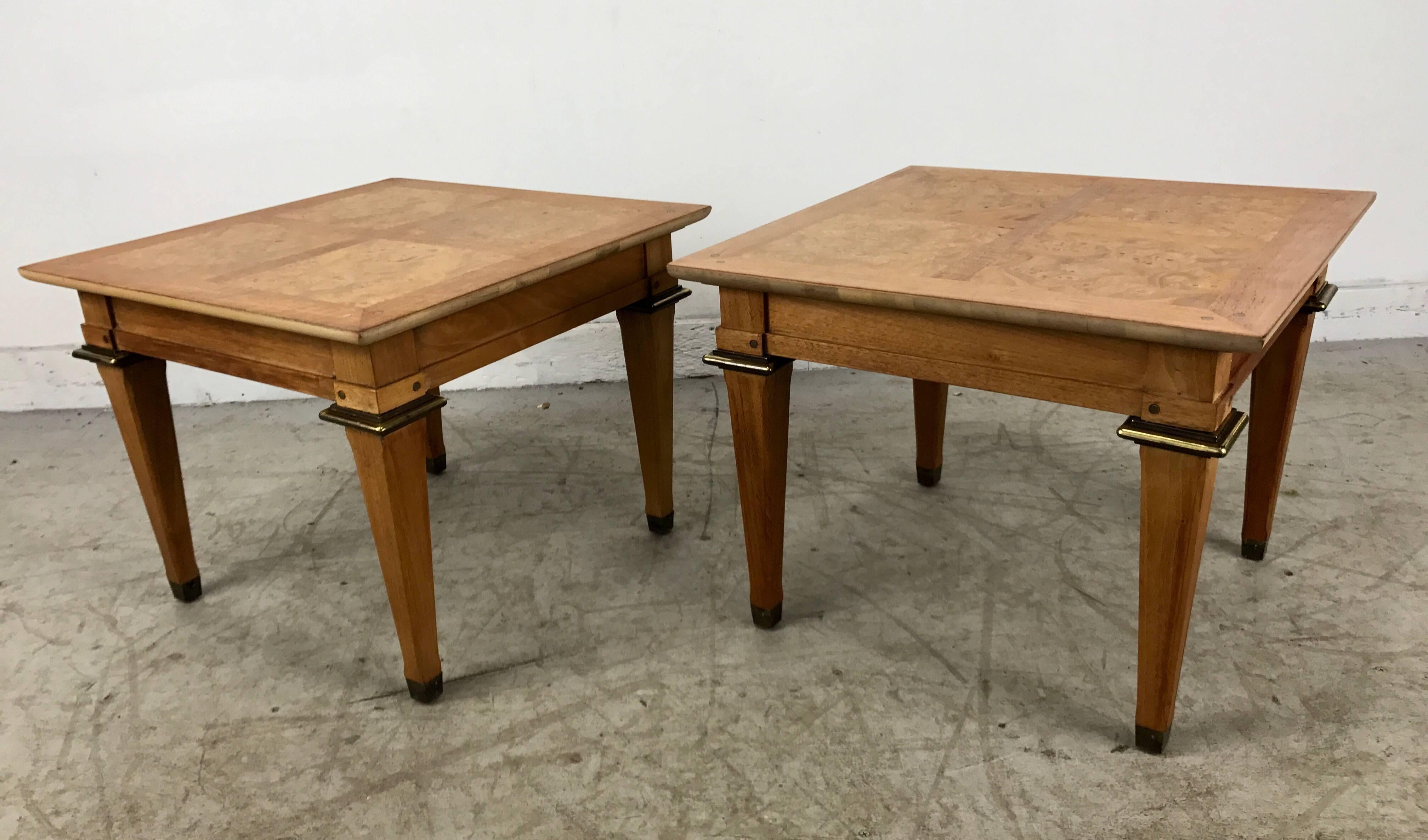 American Stunning Pair of Burl and Brass Occasional Tables by Mastercraft For Sale