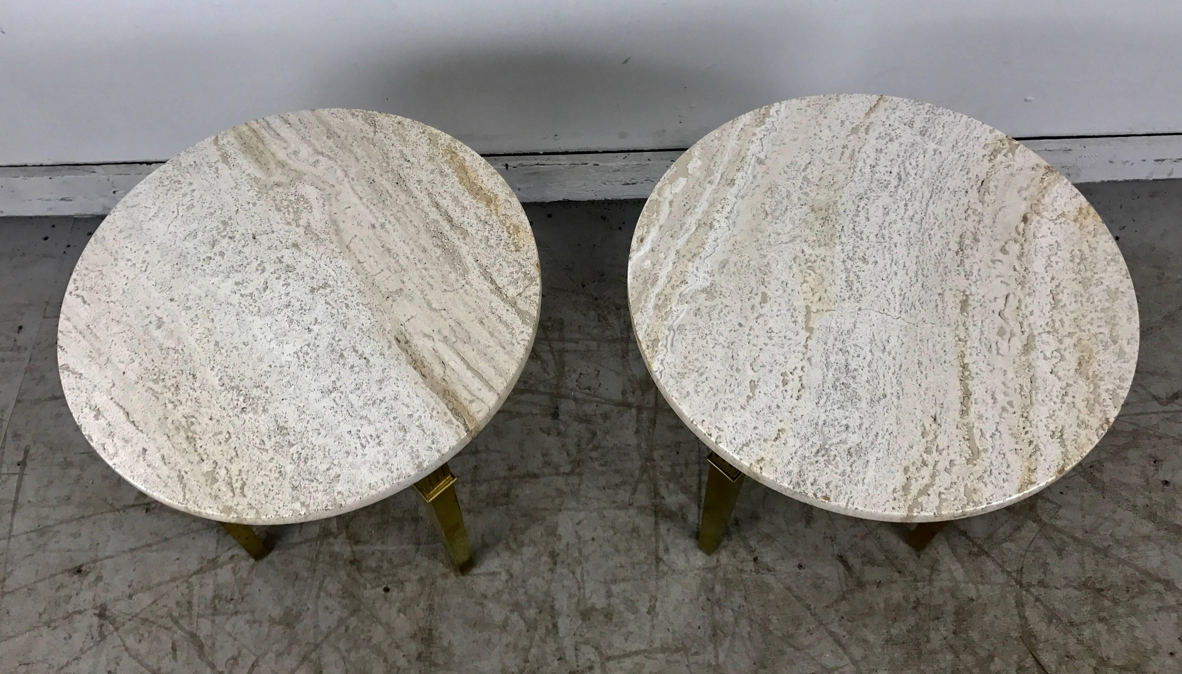 Hollywood Regency Pair Regency Marble and Brass Italian Tables Attributed to Mastercraft For Sale