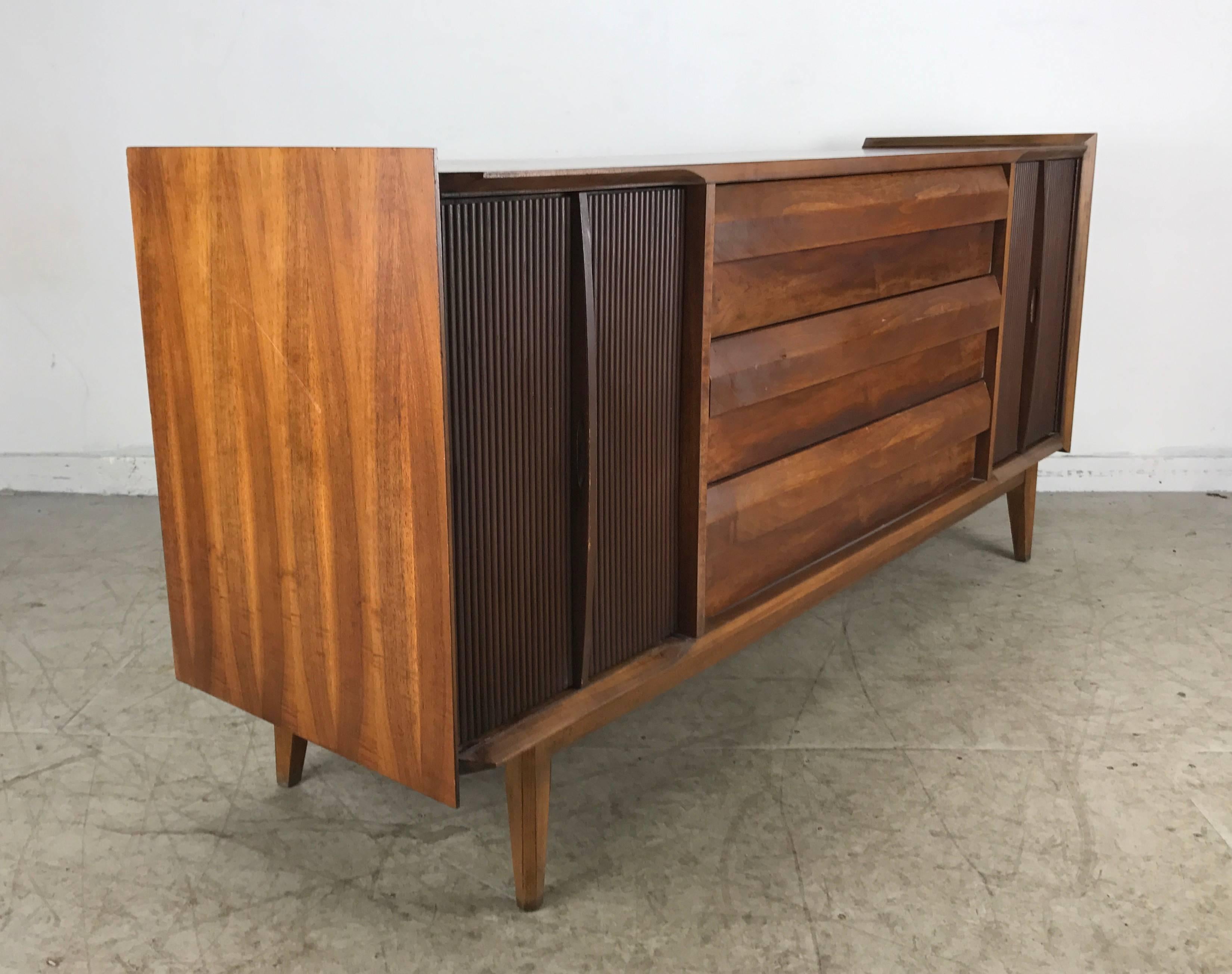 American Modernist Server/Credenza, Two-Tone Walnut Finish, Made by Lane Furniture Co.