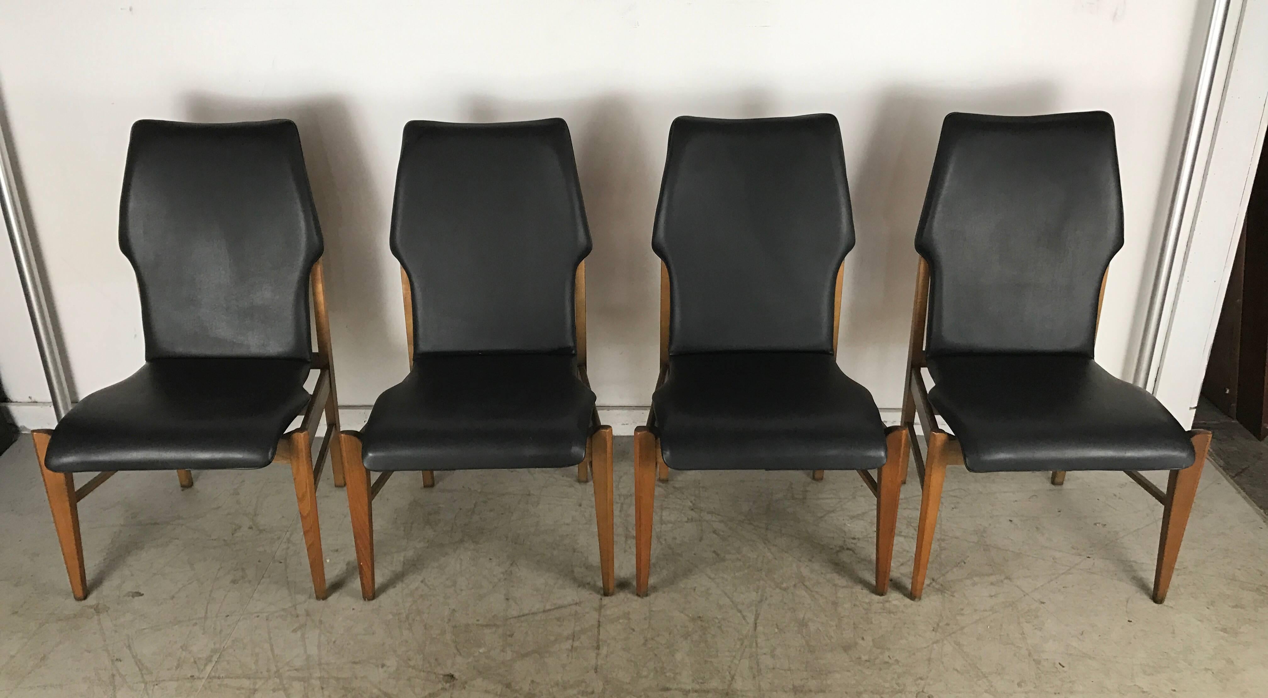 Laminated Set of Four Mid-Century Modern High Back Dining Chairs in Walnut by Lane