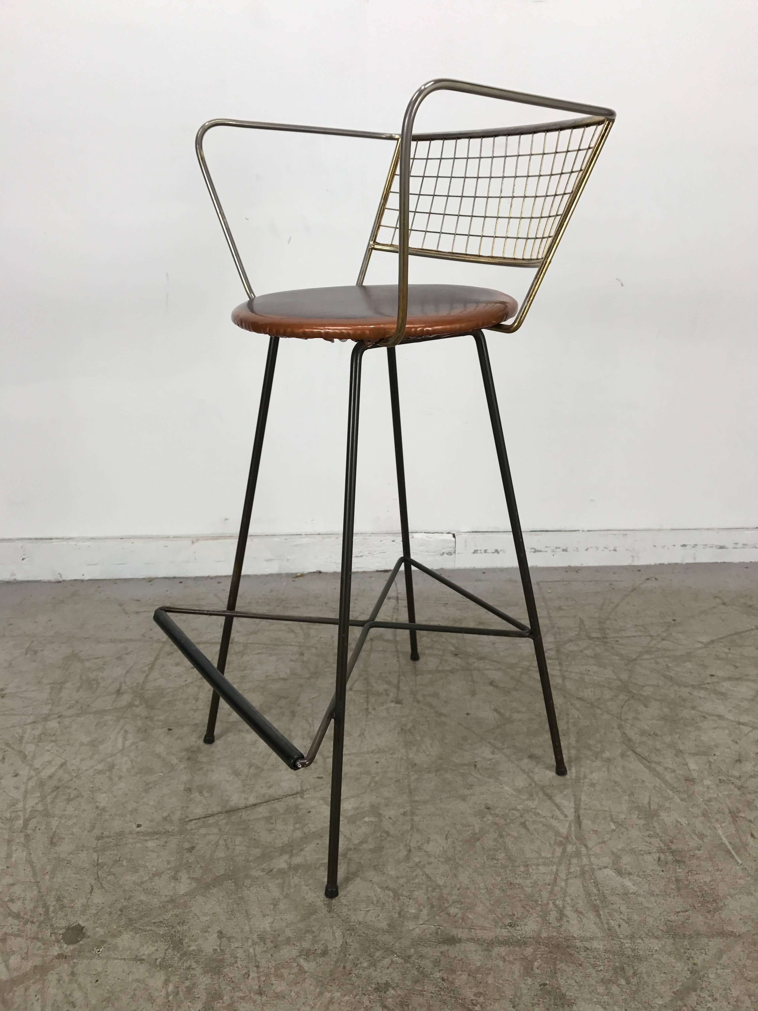 20th Century Classic Mid-Century Modern Brass and Wire Iron Stool For Sale