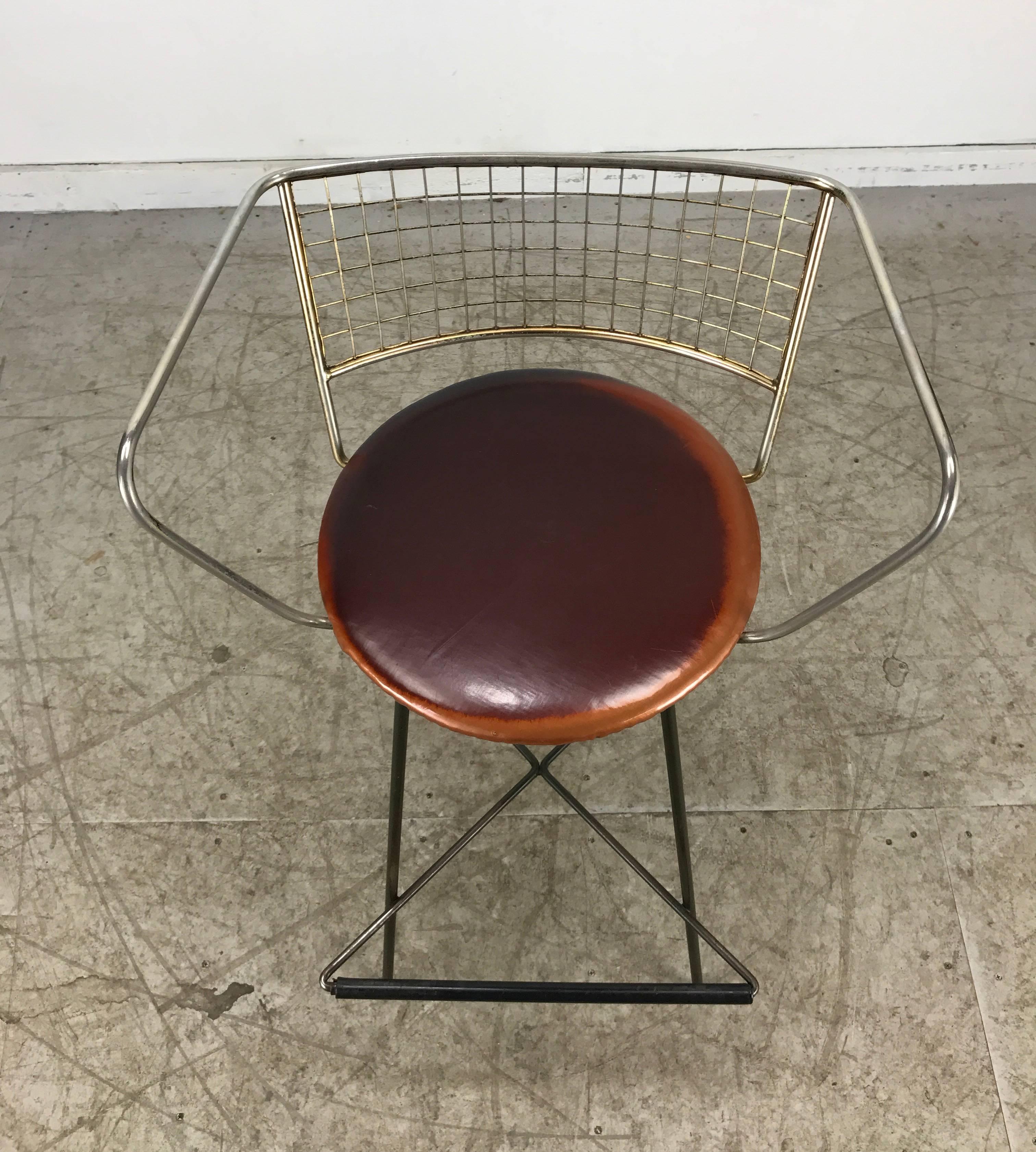North American Classic Mid-Century Modern Brass and Wire Iron Stool For Sale