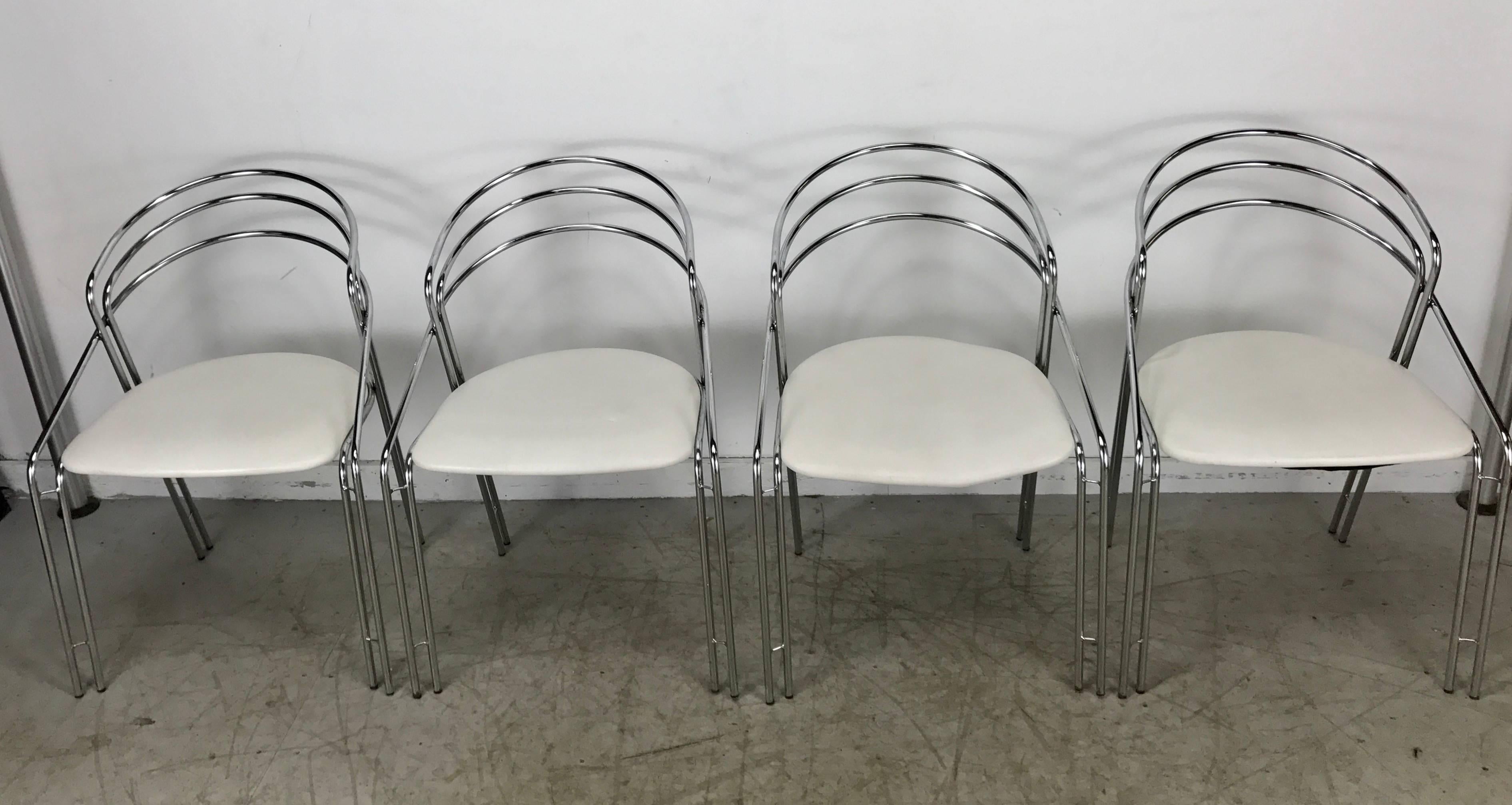 Post-Modern Set of Four Postmodern Chrome /White Italian Arm /Dining Chairs, Made in Italy