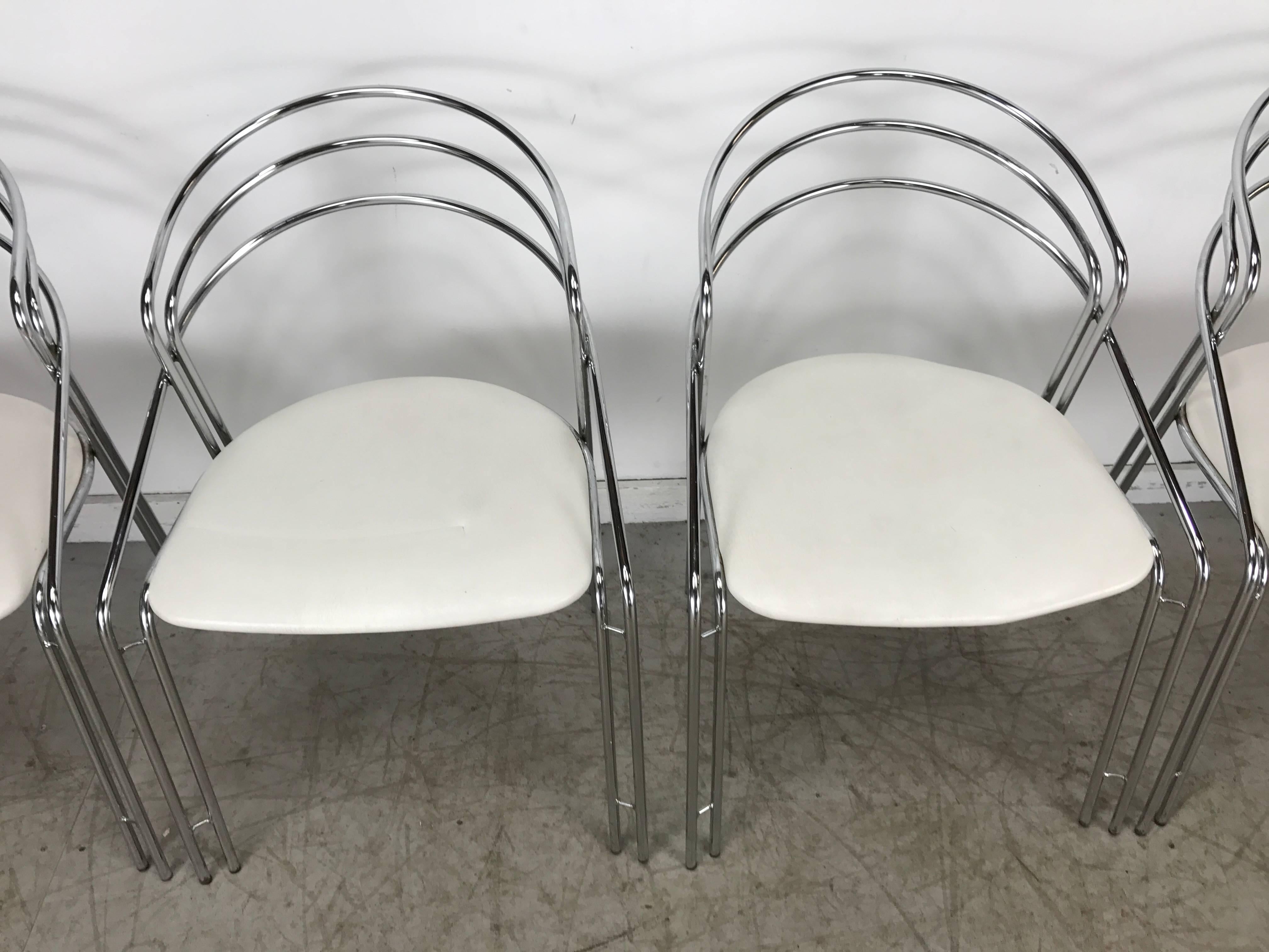 Set of Four Postmodern Chrome /White Italian Arm /Dining Chairs, Made in Italy In Good Condition In Buffalo, NY