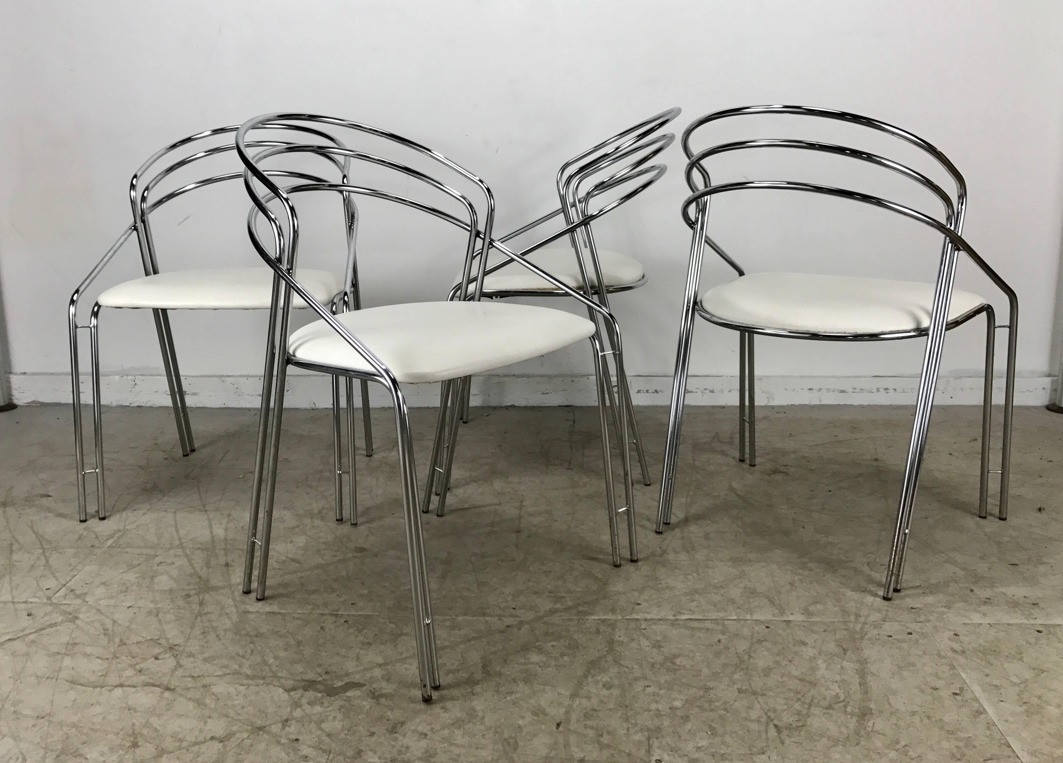 20th Century Set of Four Postmodern Chrome /White Italian Arm /Dining Chairs, Made in Italy