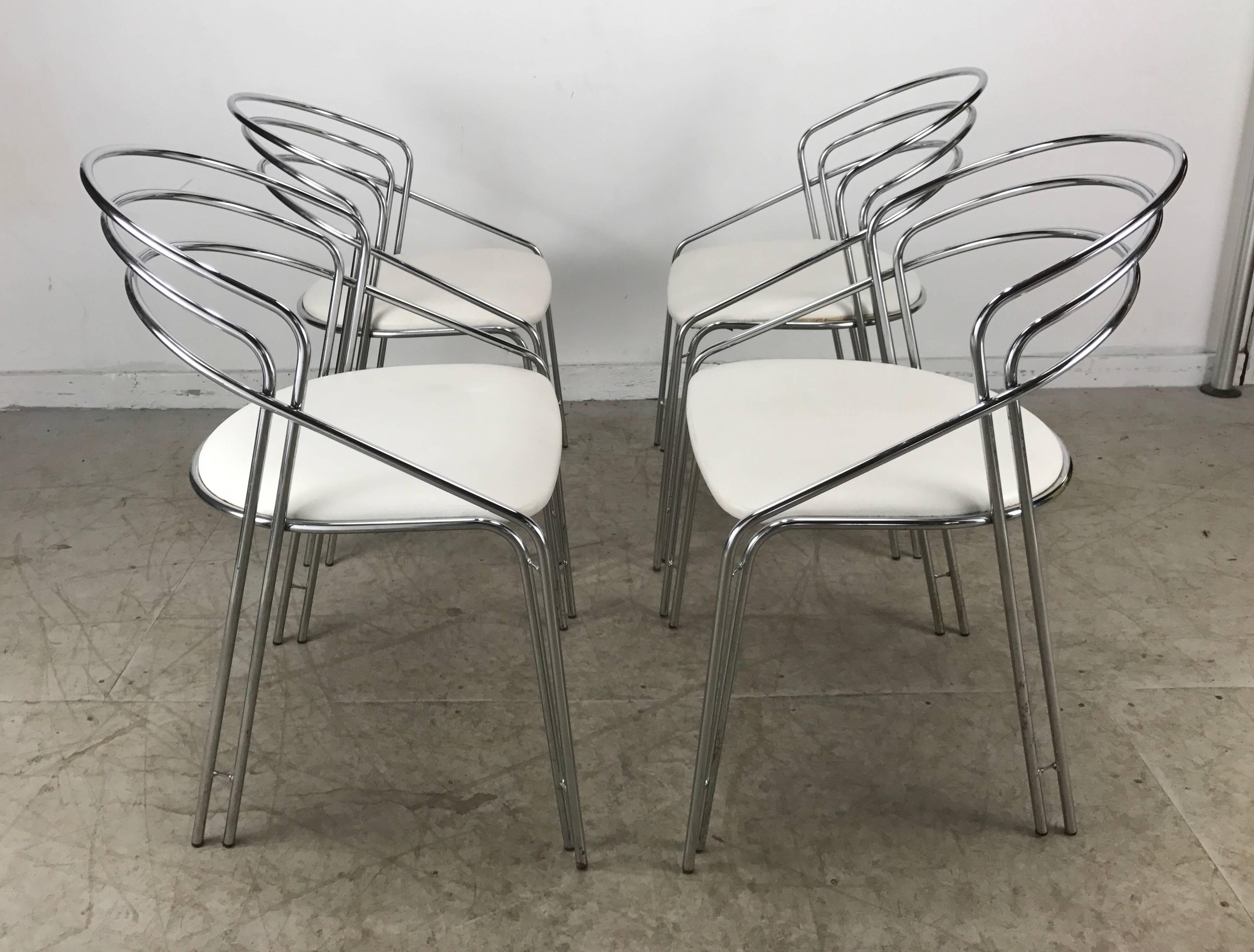 Naugahyde Set of Four Postmodern Chrome /White Italian Arm /Dining Chairs, Made in Italy
