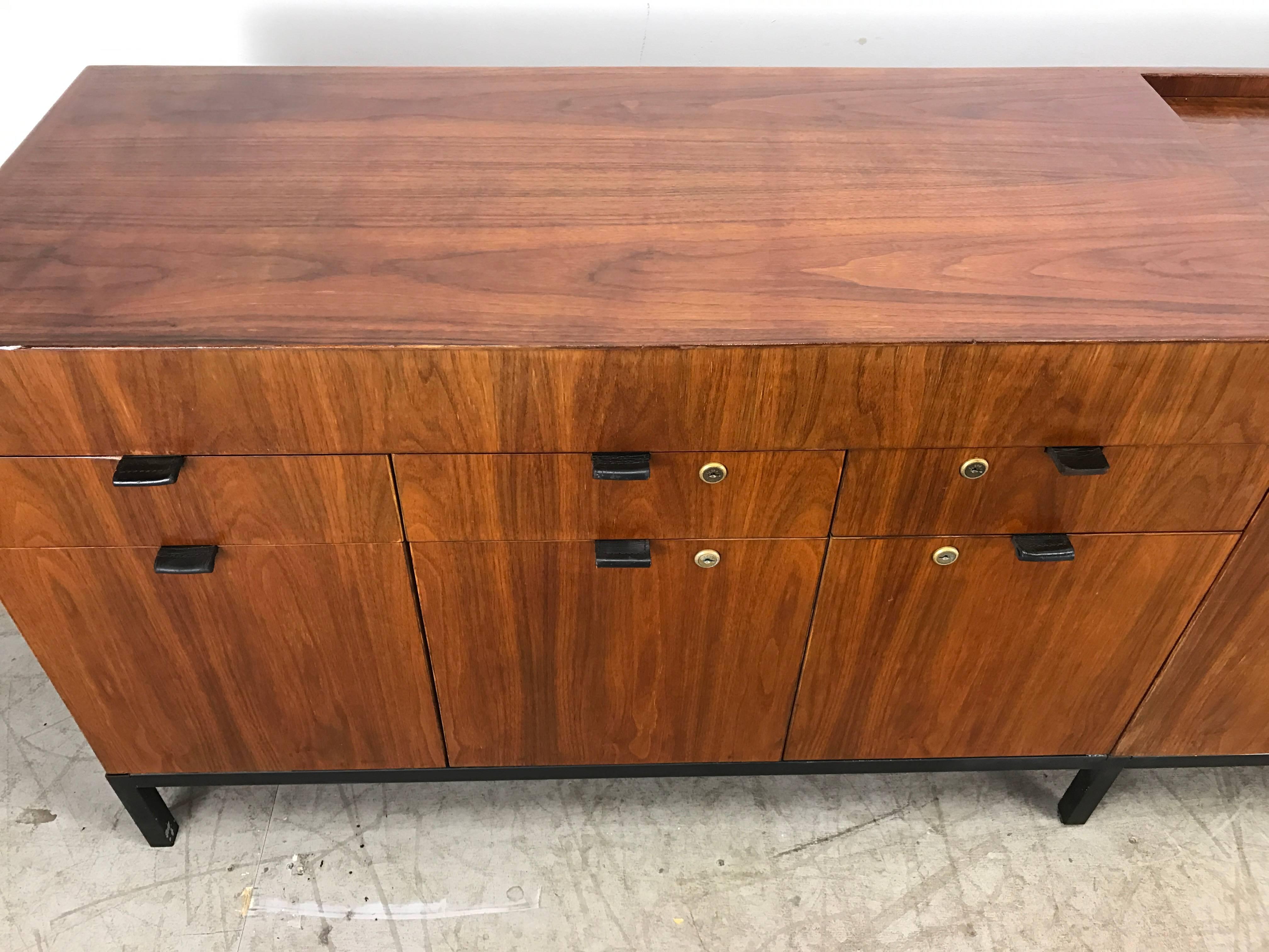 Mid-Century Modern Unusual Modern Bookmatched Walnut Credenza, Leather Pulls by Stow and Davis
