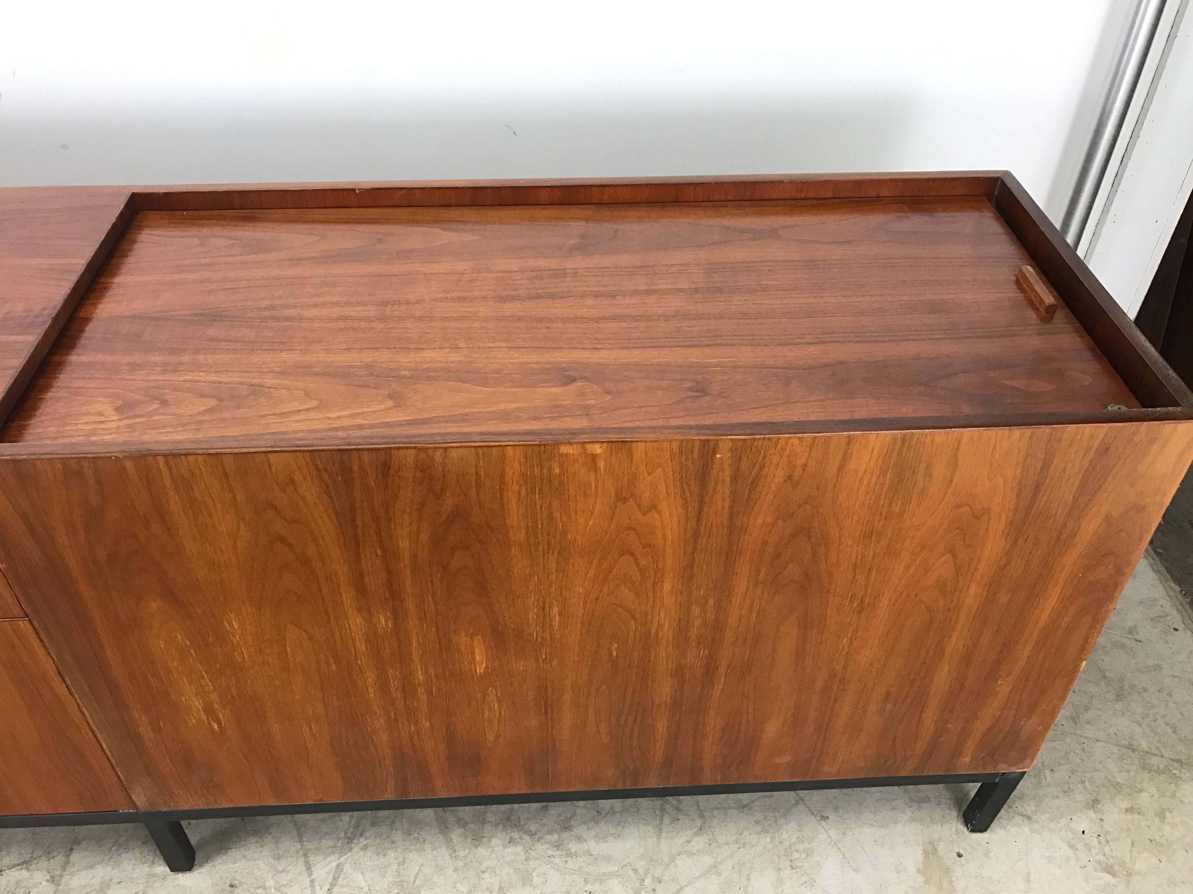 American Unusual Modern Bookmatched Walnut Credenza, Leather Pulls by Stow and Davis