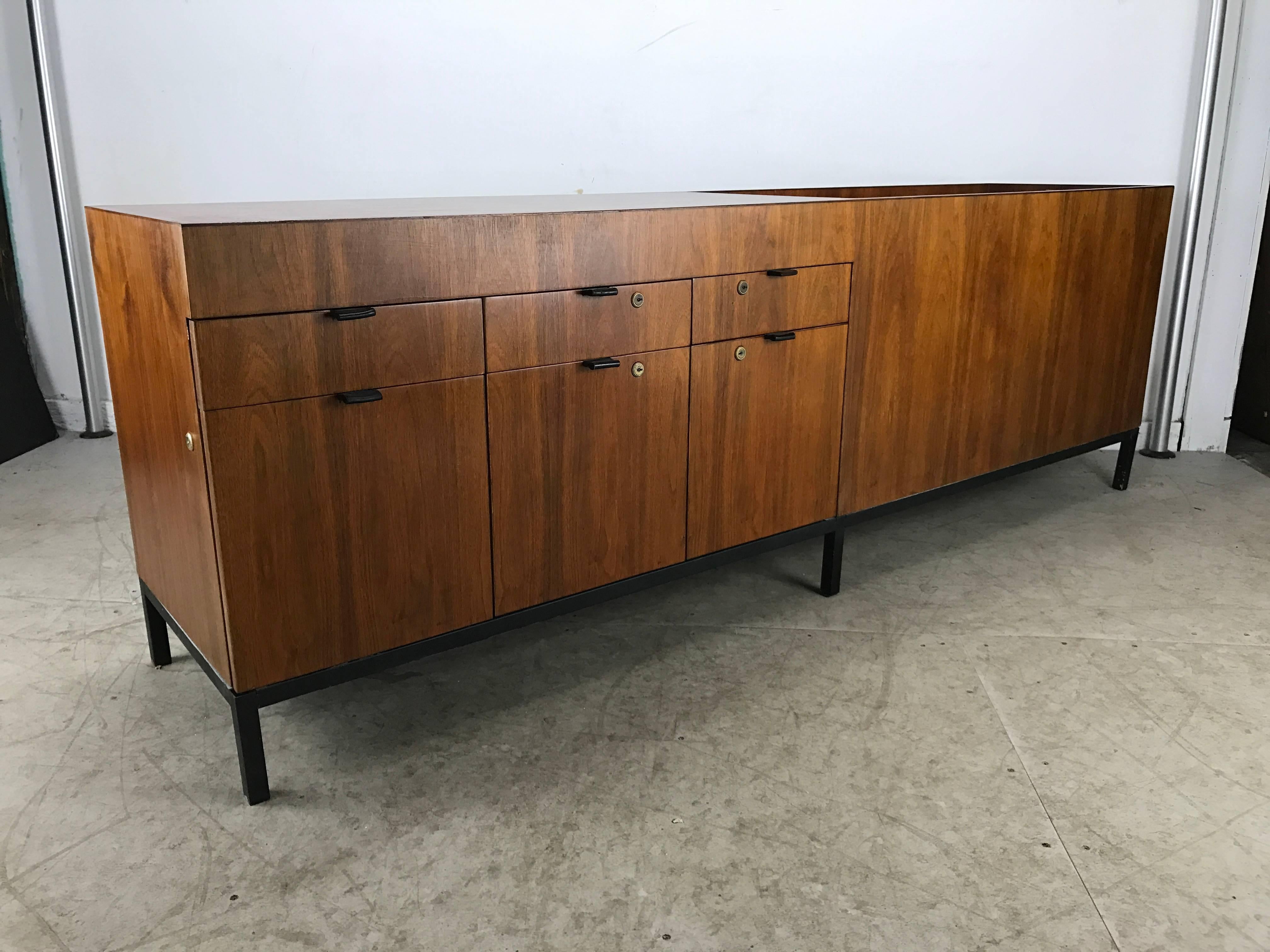 20th Century Unusual Modern Bookmatched Walnut Credenza, Leather Pulls by Stow and Davis