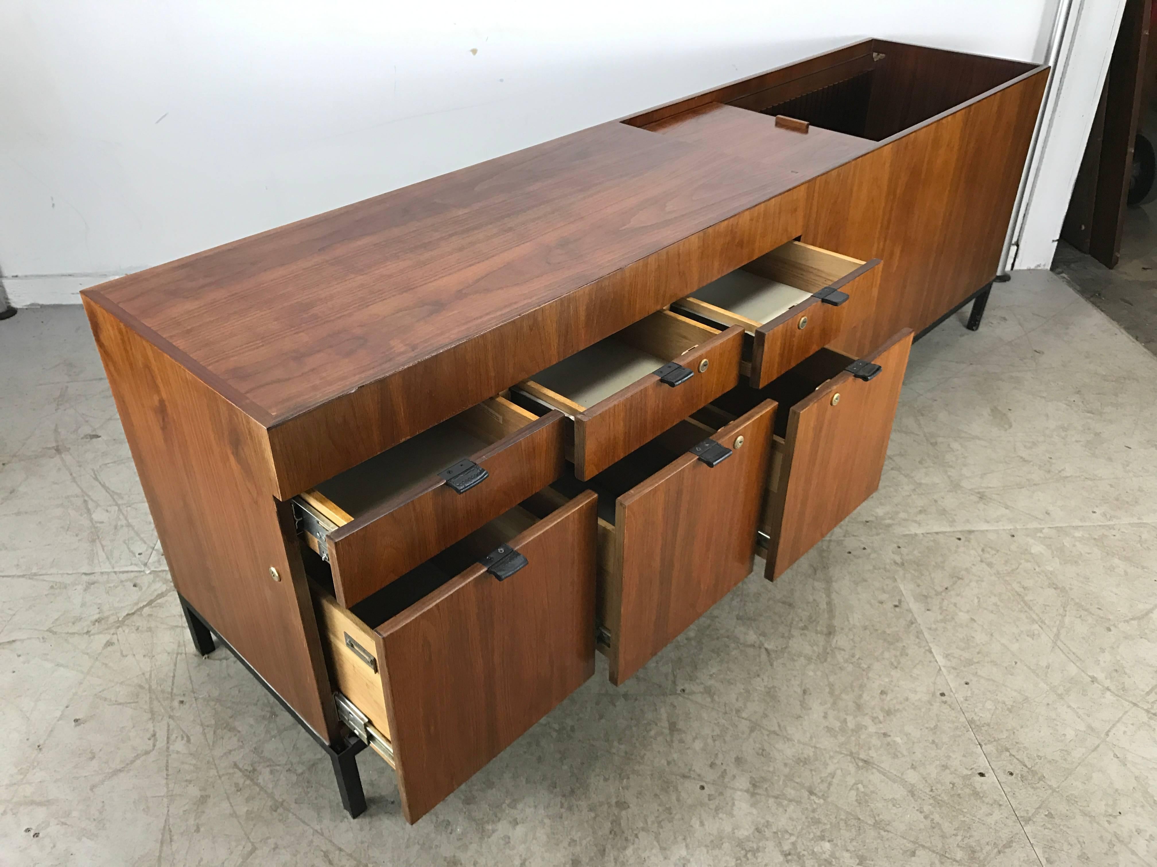 Metal Unusual Modern Bookmatched Walnut Credenza, Leather Pulls by Stow and Davis